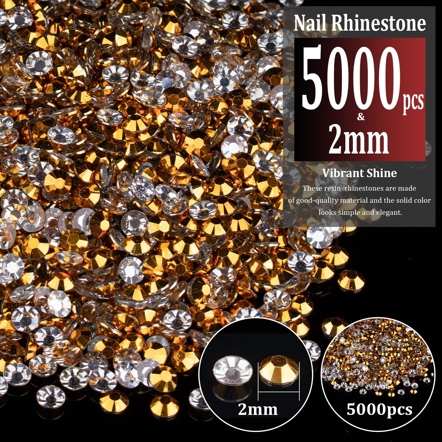 5000Pcs 2Mm Resin Rhinestones Bulk, Mineral Gold Flatback Round Jelly Rhinestones Bedazzling Non Hotfix Crystal Gems Large Quant