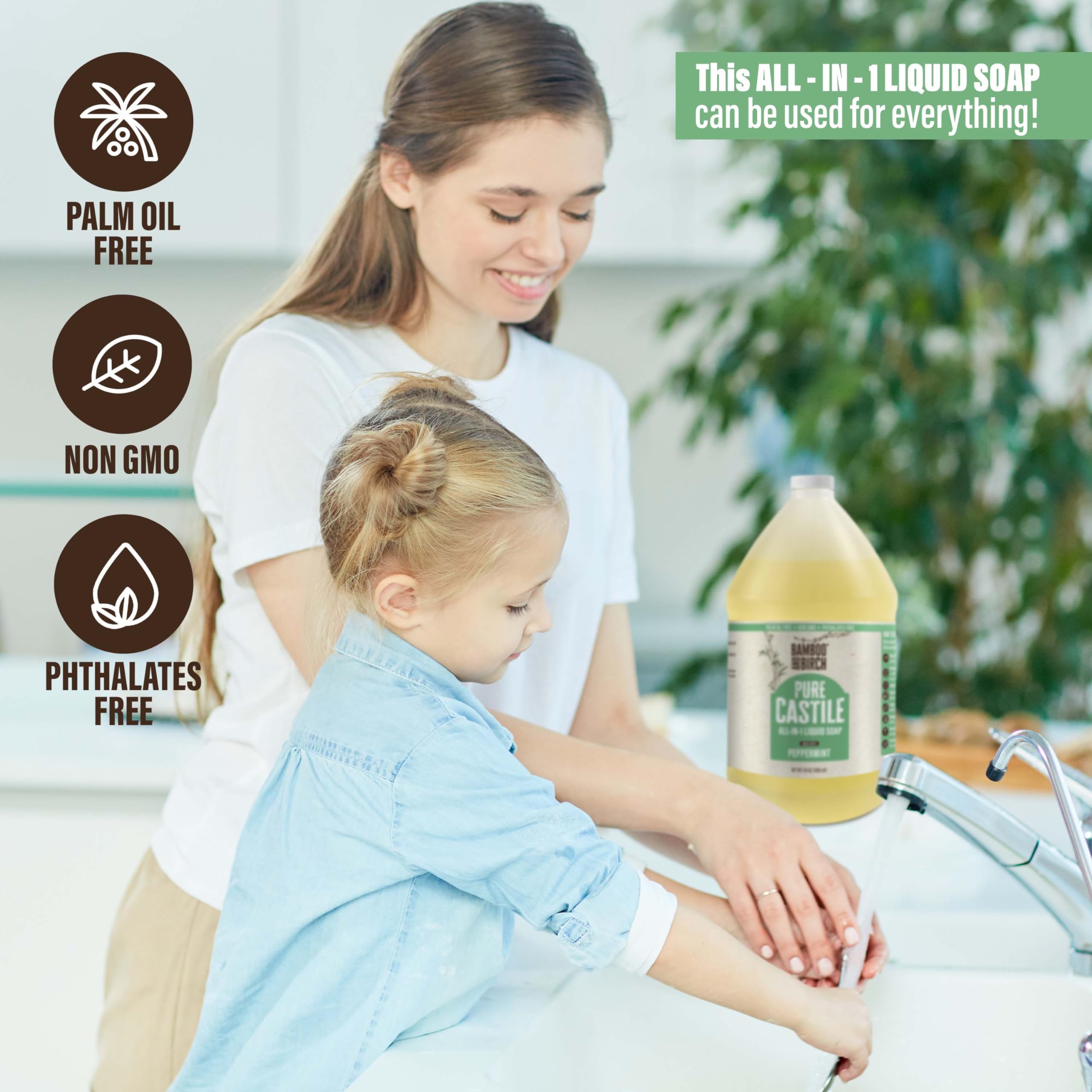 Bamboo And Birch Pure Castile Soap Liquid Organic, Certified Palm Oil Free Natural Soap, Peppermint, 1 Gallon
