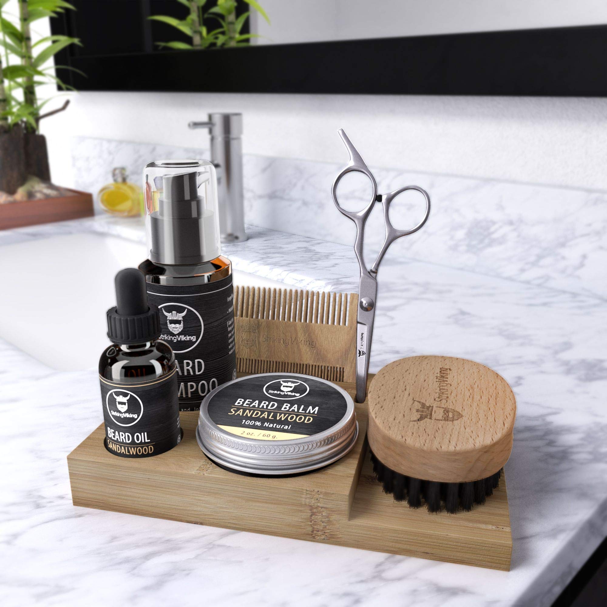 Striking Viking Beard Grooming Kit Includes Caddy, Beard Care Oil And Balm, Beard Shampoo, Wooden Comb, Beard Brush, & Trimming