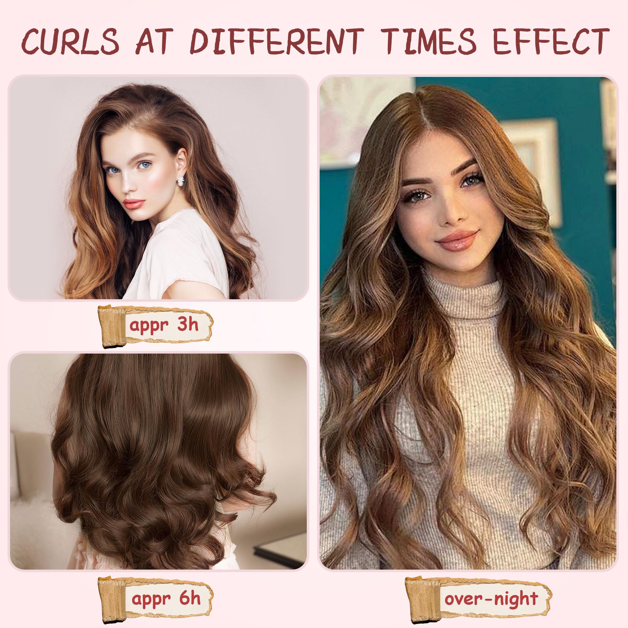 6 Pcs Heatless Hair Curling Set With Satin Overnight Headbands - Creates Beautiful Curls Without Heat Damage (Pale Pink)
