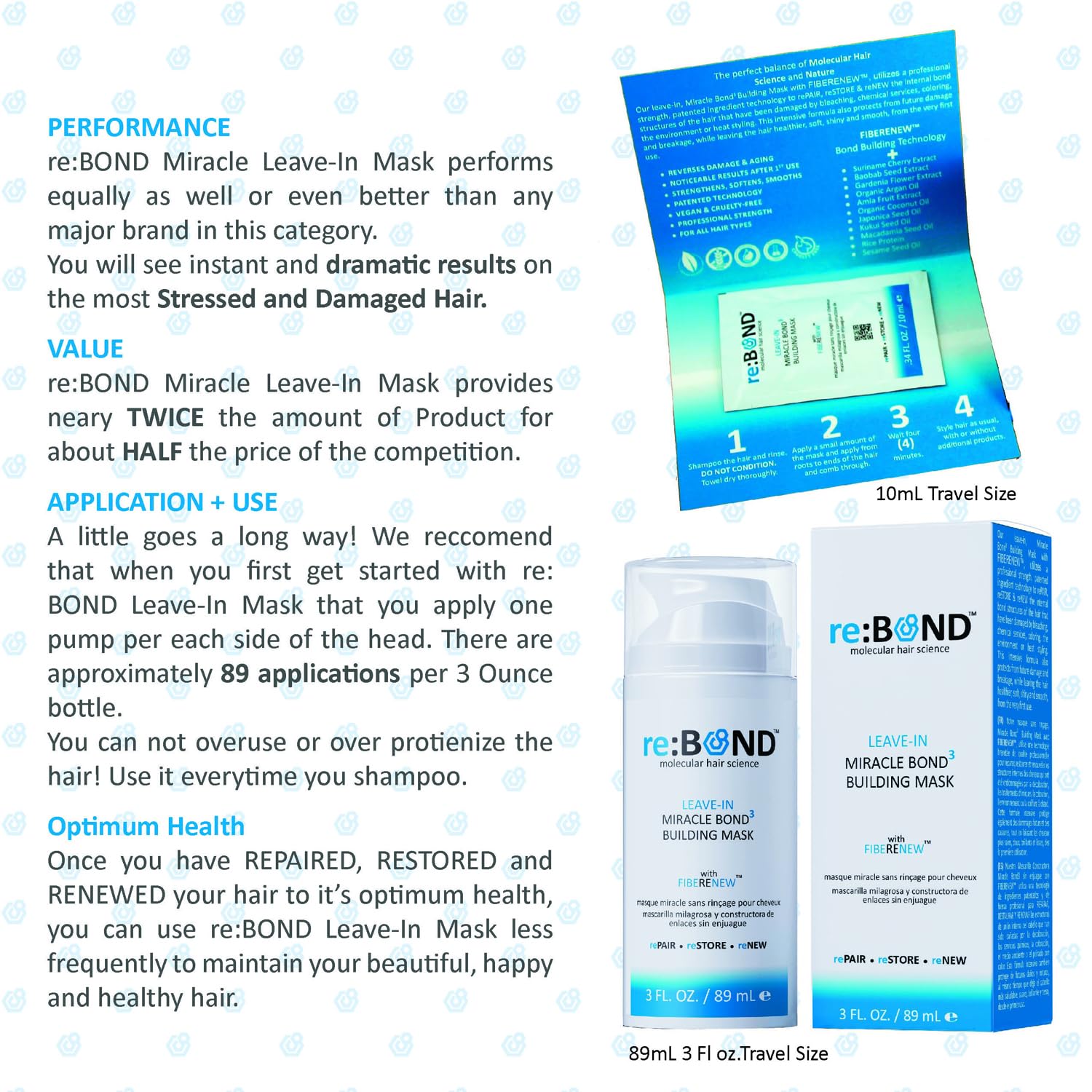 Rebond Leave-In Miracle Bond Building Hair Mask- 4 Minute Repair Treatment Deep Conditioning For Bleached, Damaged, Dry, Colored