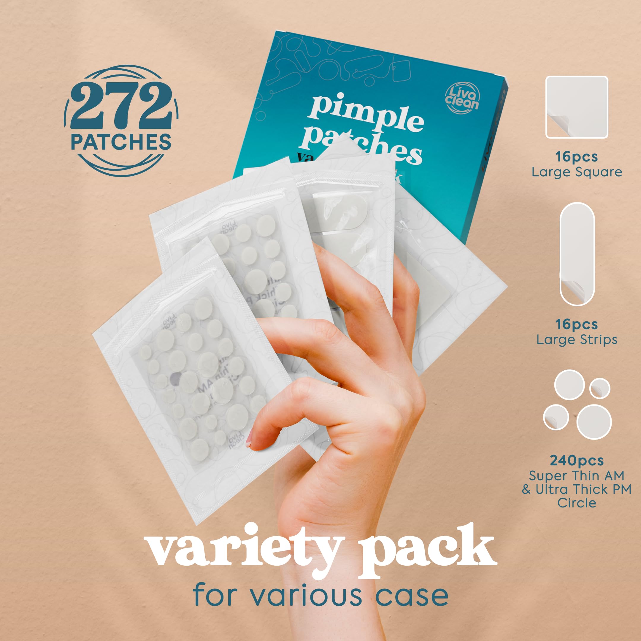 LivaClean 272 CT Pimple Patches Variety Pack w/ Tea Tree Oil, Salicylic Acid & Calendula Oil - Pimple Patches Large, Large Pimpl
