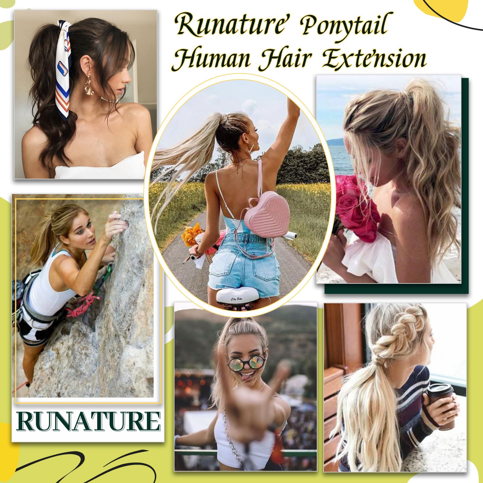 Runature Human Hair Ponytail Extension Blonde Straight Ponytail Hair Extensions Human Hair Full Ends Golden Blonde Highlight Lig