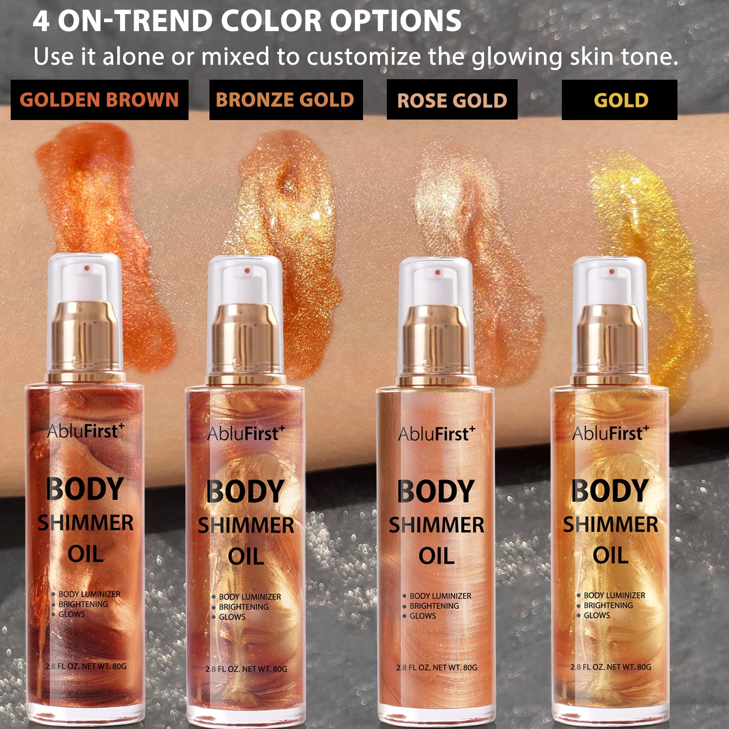 Ablufirst 4 Colors Shimmer Body Oil Face Glitter Summer Body Moisturizing Light Shimmering Glow Non-Sticky Party Body Luminizer