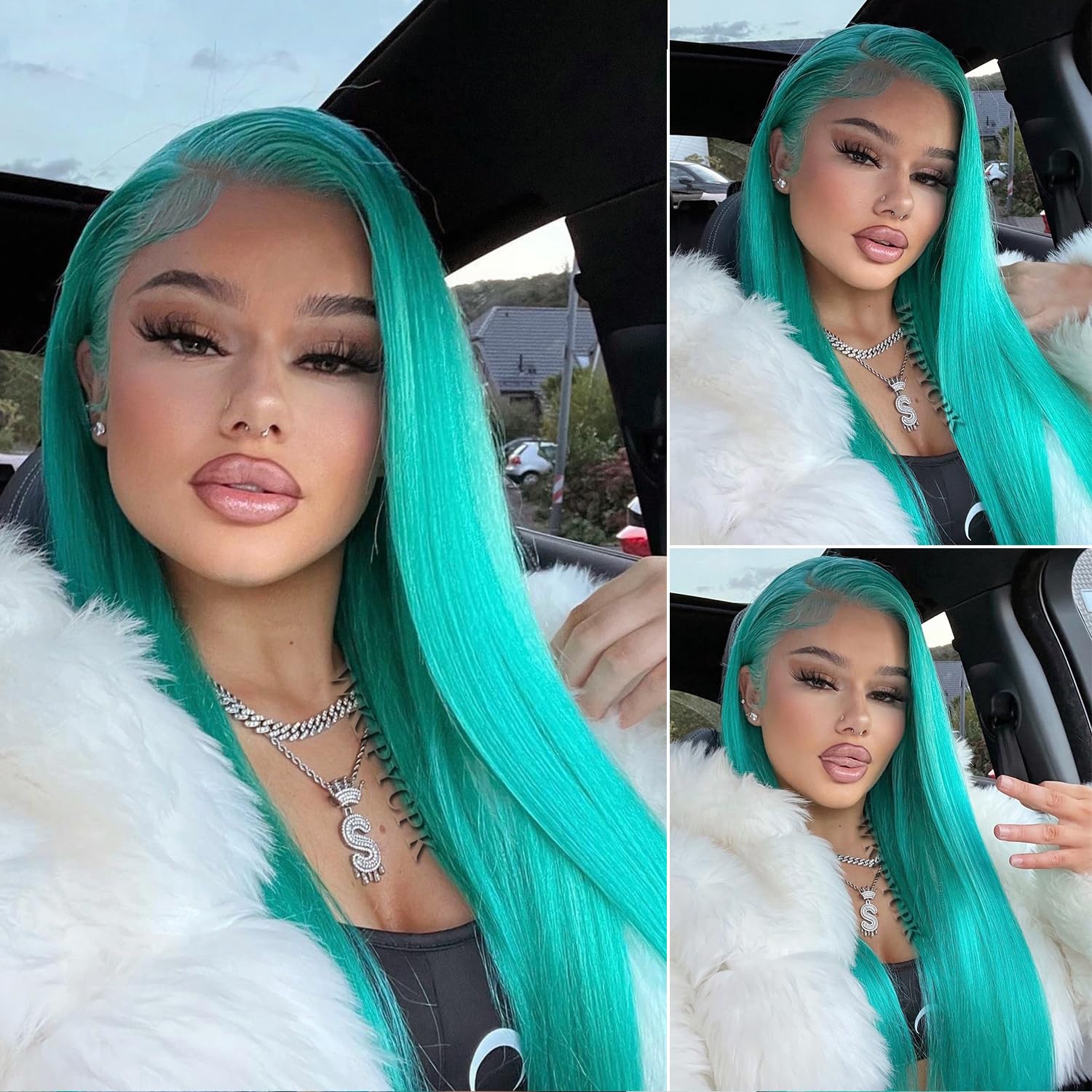 Wkipycpk Blue Green Color Synthetic Lace Front Wigs For Fashion Women 24 Inch Long Silky Straight Hair Mint Green Wig 13X3 Hd La