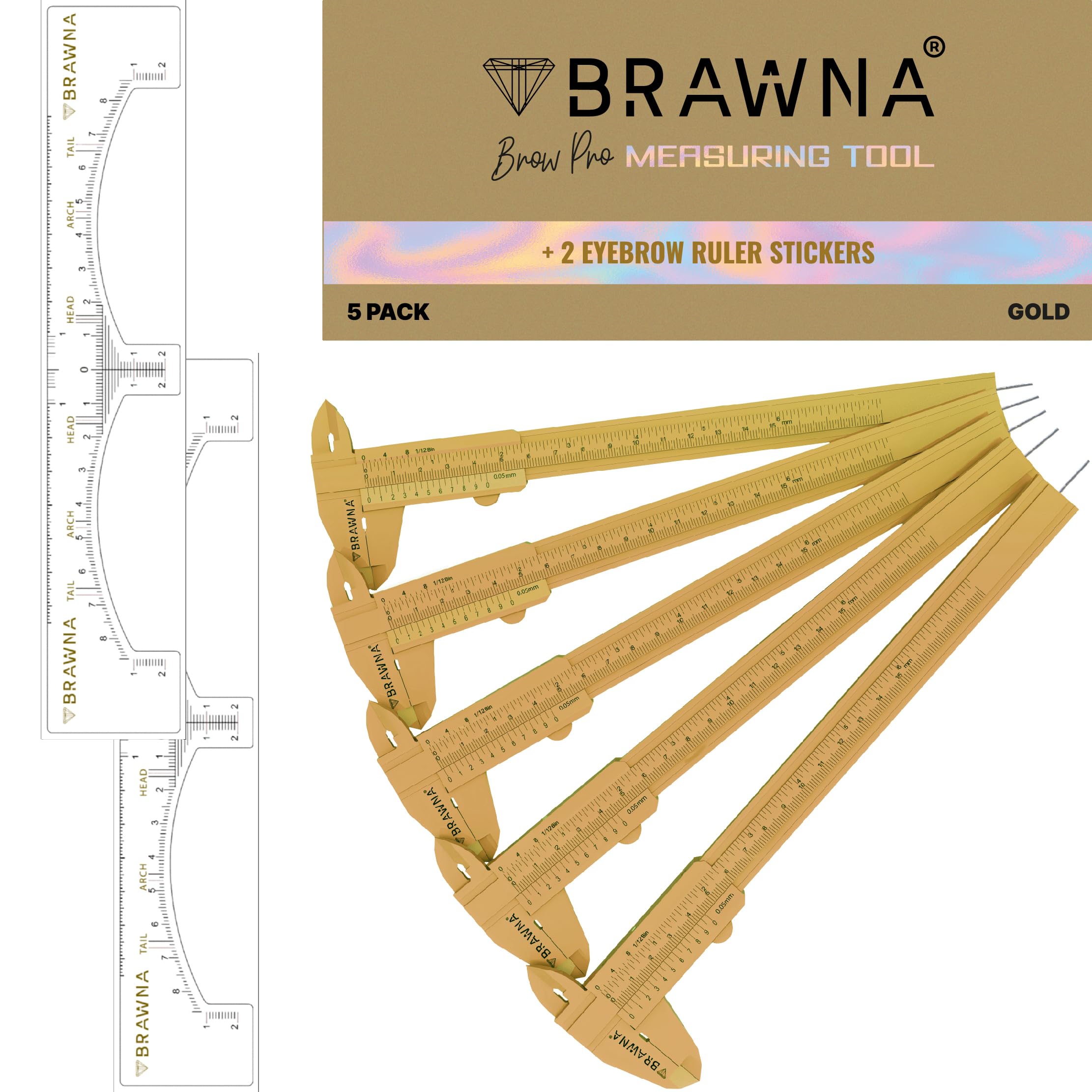 BRAWNA 5 Pcs Brow Pro Measuring Tool with 2 Eyebrow Ruler Stickers - Double Scale Eyebrow Ruler for Microblading, Brow & Makeup 