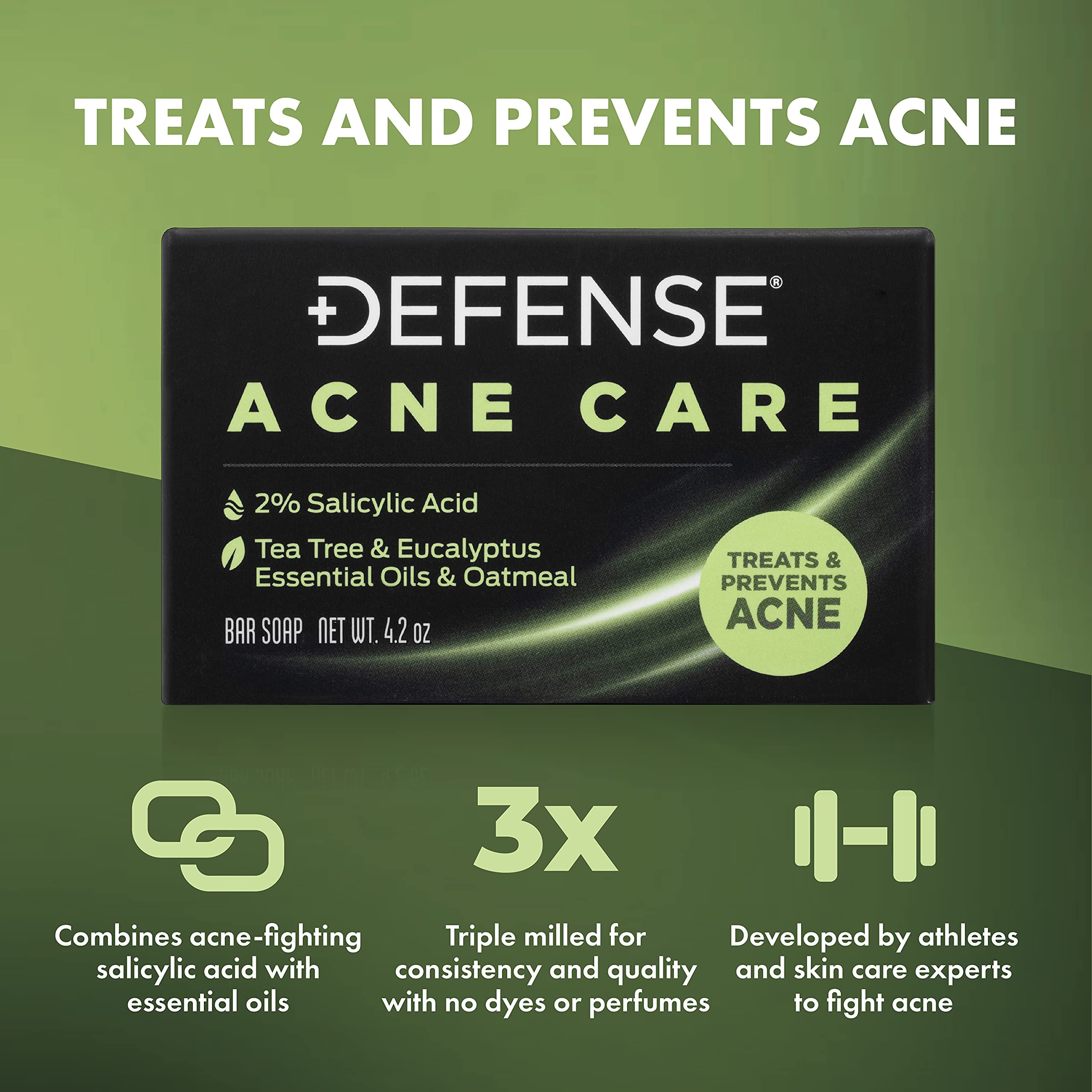 Defense Acne Care Bar Soap 4.2Oz | Contains 2% Salicylic Acid, Tea Tree & Eucalyptus Essential Oils & Oatmeal