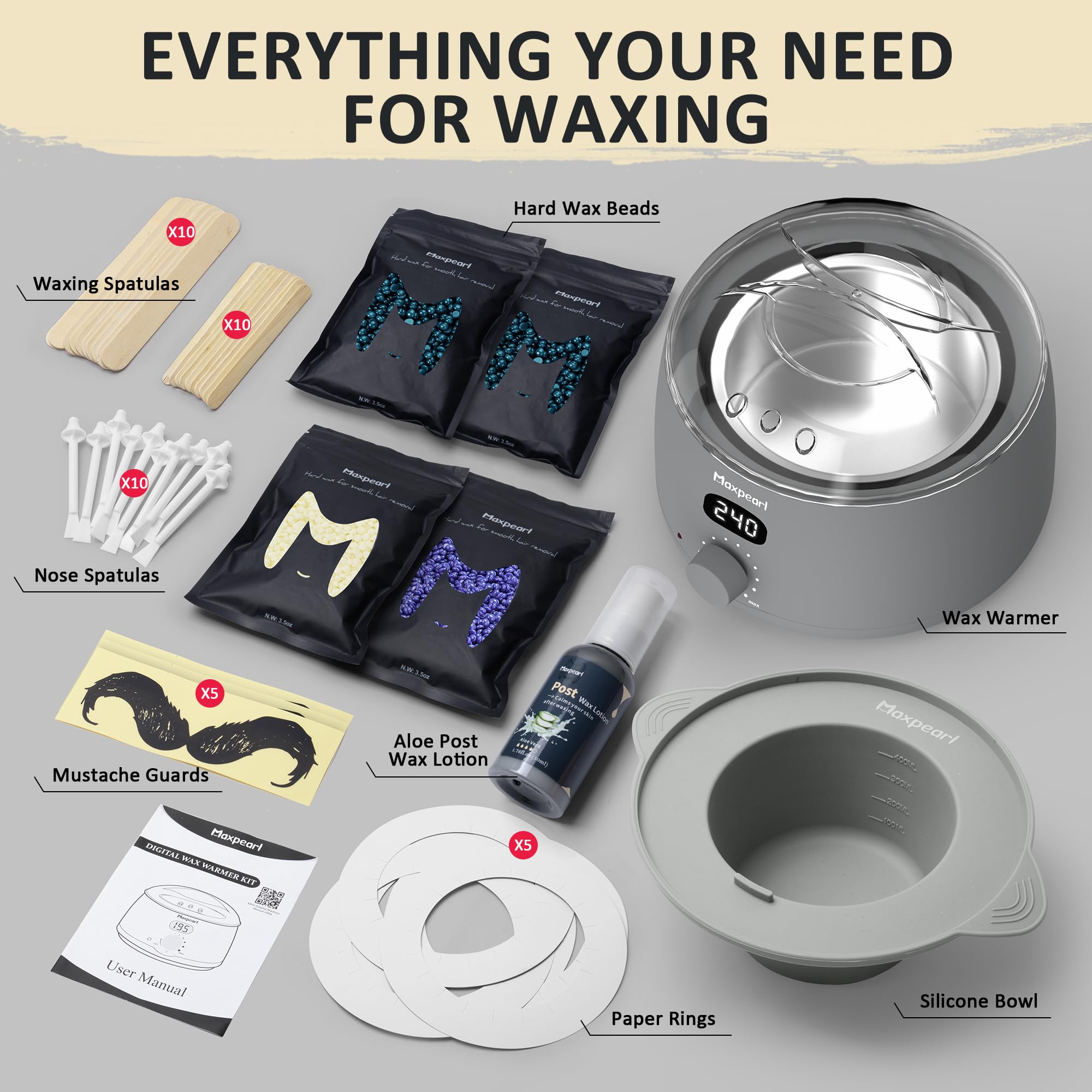 Maxpearl Hair Removal Waxing Kit For Men, Nose & Ear Wax Kit With Silicone Pot - Hair Removal For Unwanted Coarse Male Body Hair