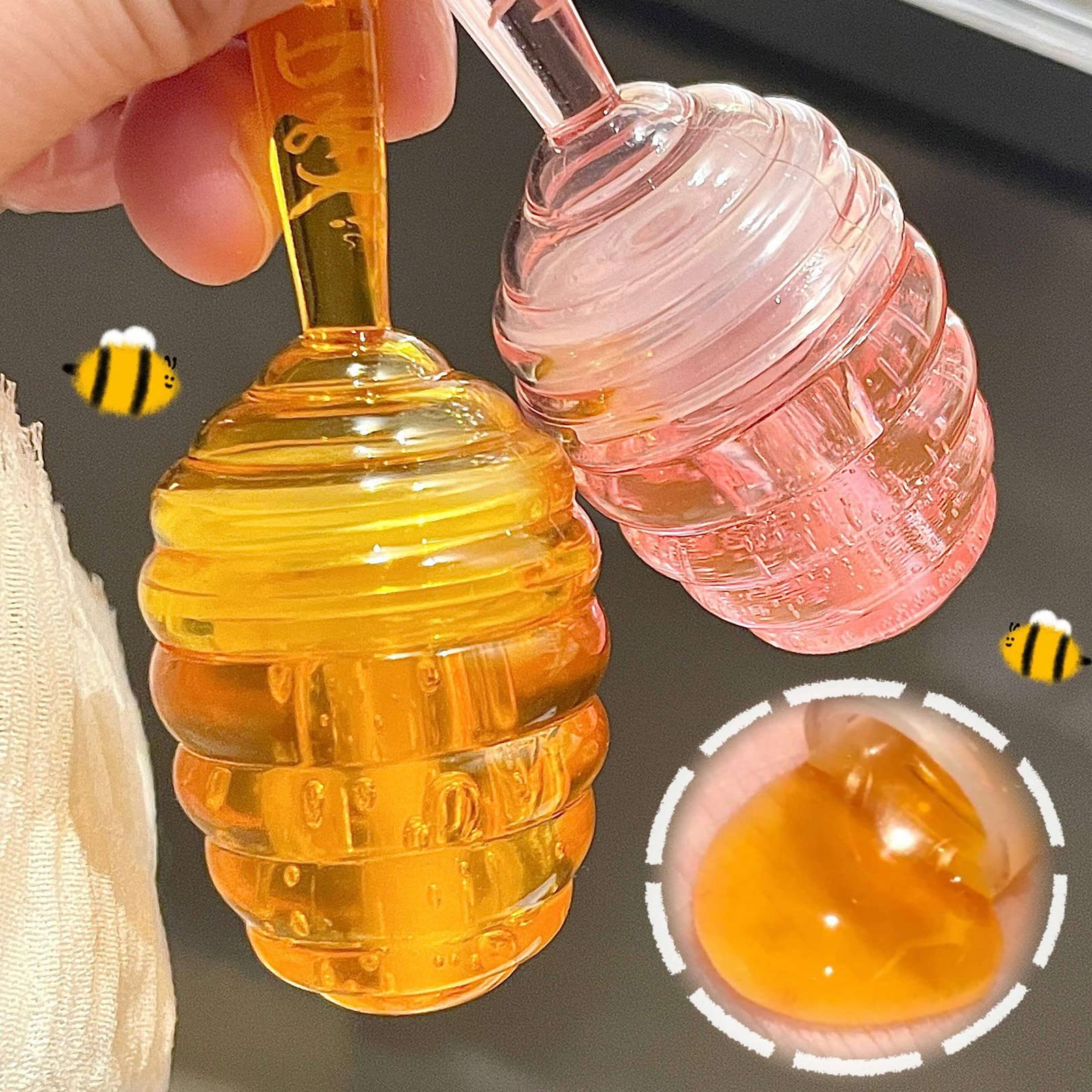 2Pcs Small Honey Pot Lip Oil,Peach And Honey Flavor,Moisturizing Honey Lip Mask Lip Balm,Day And Night Repair Lip Sleeping Masks