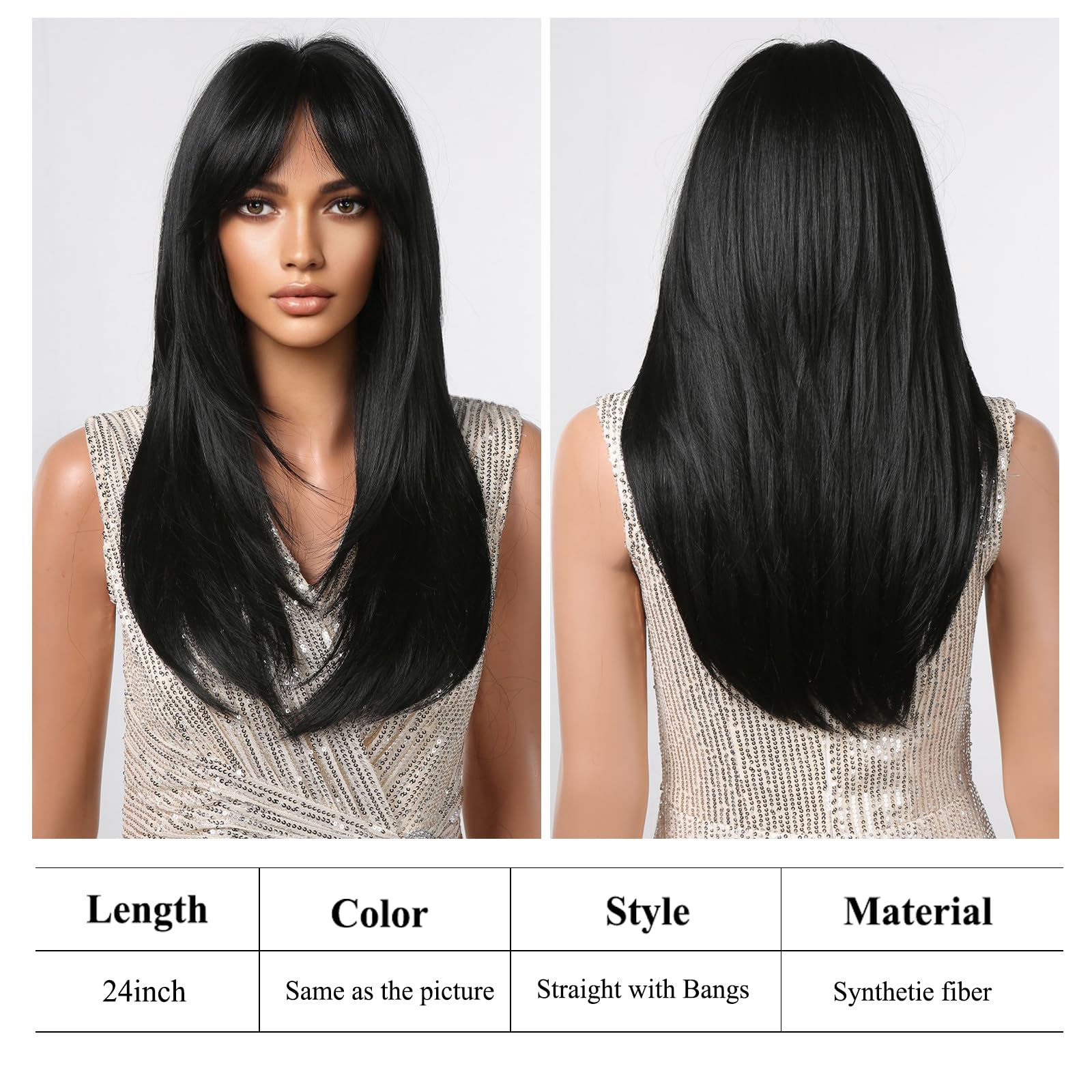 Testar Black Wigs For Black Women Long Straight Layered Black Wigs With Curtain Bangs Synthetic Heat Resistant Wig Natural Looki