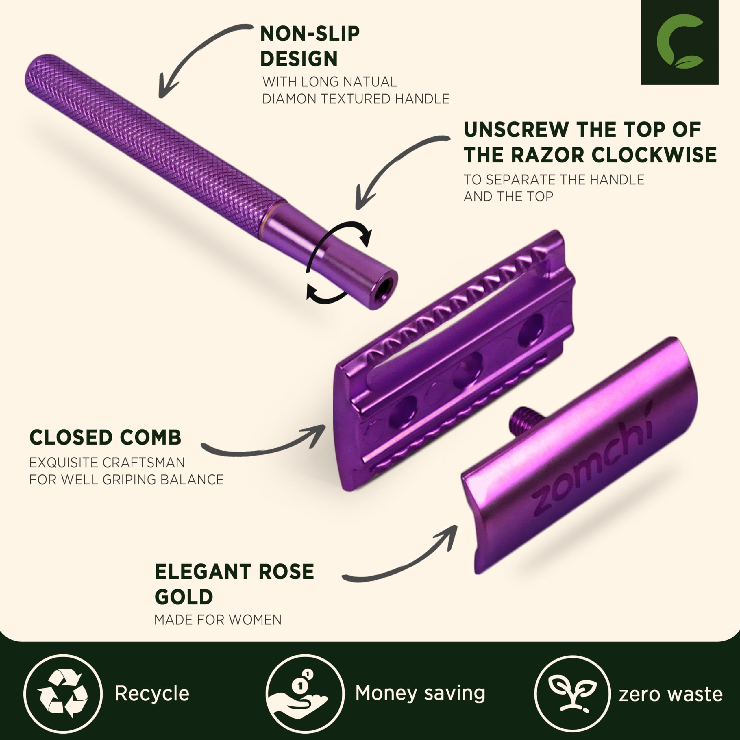 Zomchi Double Edge Safety Razor With 5 Safety Razor Blades, Women & Mens Safety Shaving Razor, Reusable Razor, Plastic Free - Pu