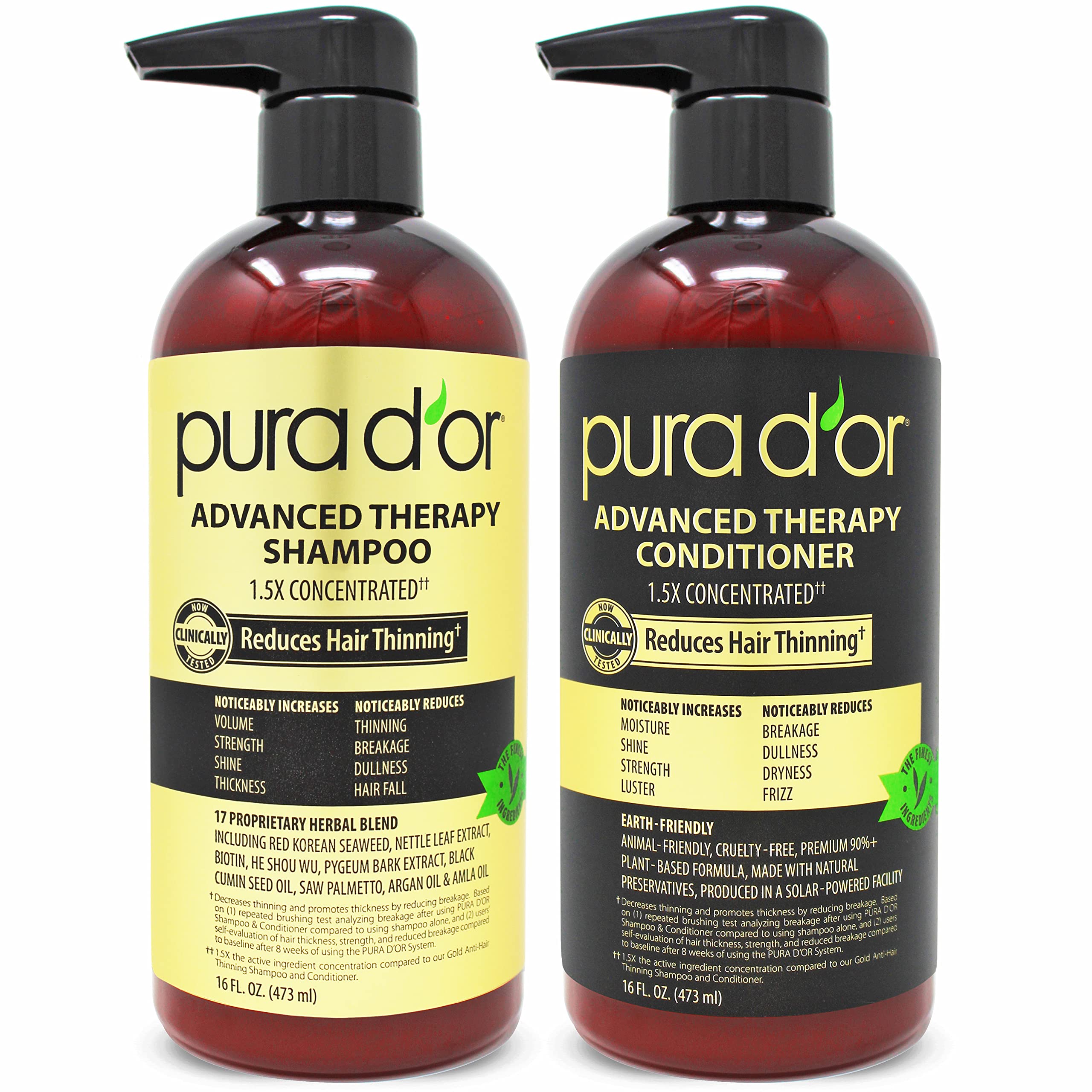 PURA D'OR Advanced Therapy Biotin Shampoo & Conditioner Set, 16oz x2, DHT Blocker for Hair Thinning, Clinically Tested for Women & Men