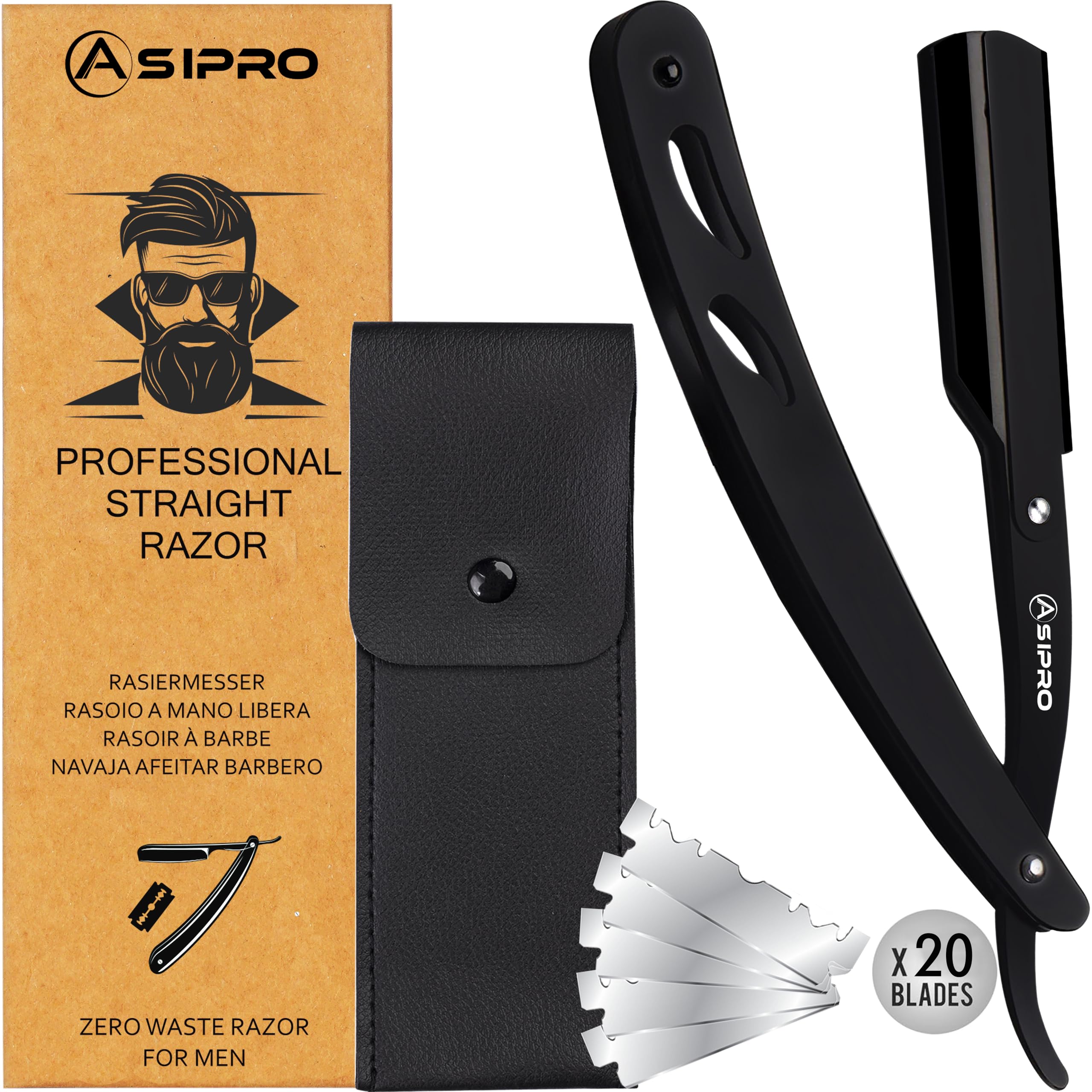 ASIPRO Professional Straight Razor for Men with 20 Barber Razor Blades & Carrying Case, Straight Razor Shaving Kit Navajas Para 