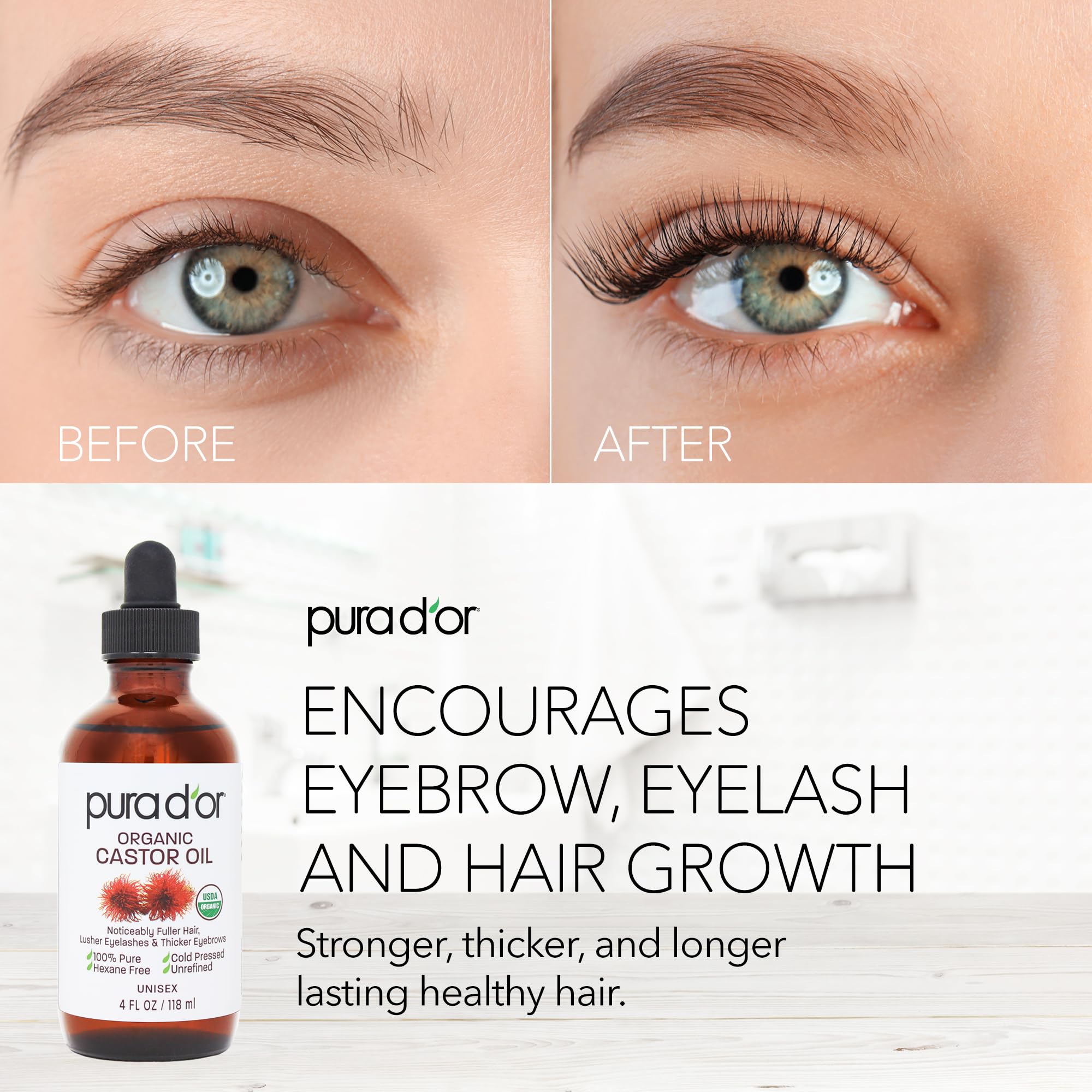 Pura D'Or 4 Oz Organic Castor Oil - 100% Pure Usda Certified Cold Pressed, Hexane Free Eyelash & Eyebrow Serum - For Fuller, Thi