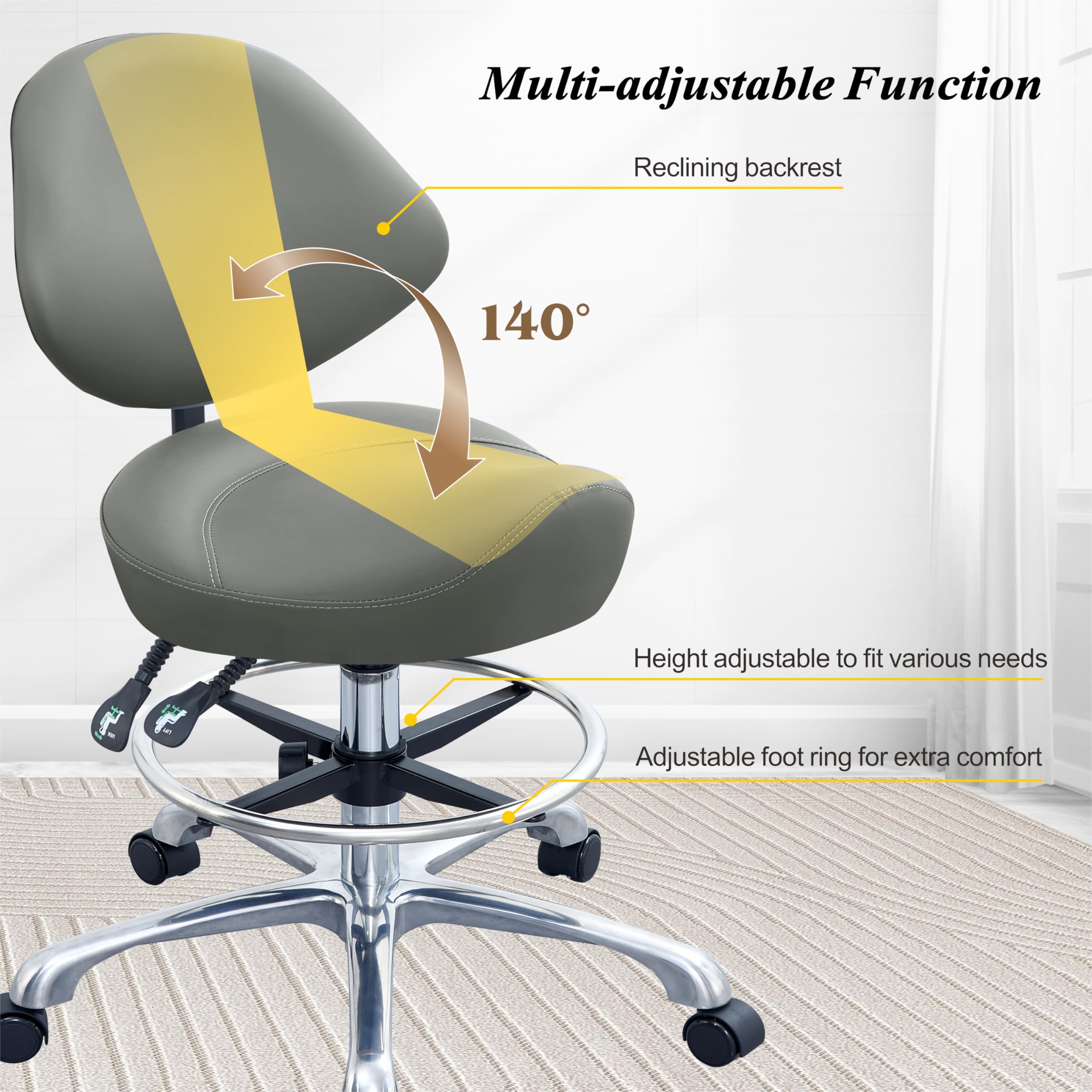 Rolling Saddle Chair With Back Support, Height Adjustable Ergonomic Saddle Stool Chair With Wheels For Dental Hygienist,Salon,Es