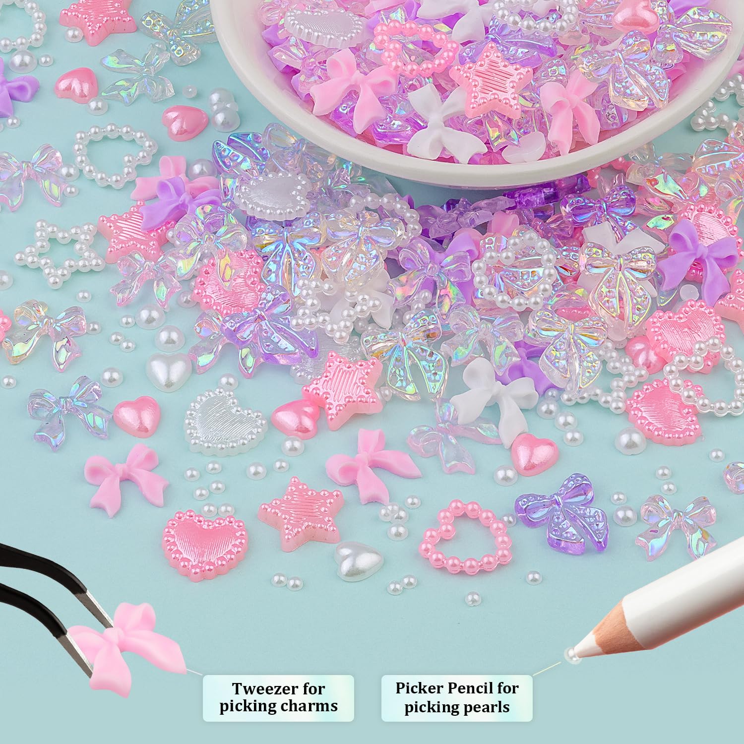 600 Pcs 3D Nail Charms And Flatback Pearls Set 12, 6 Colors Nail Bows Charm + Pink&White Star Heart Cute Nail Jewels + 2-4Mm Whi