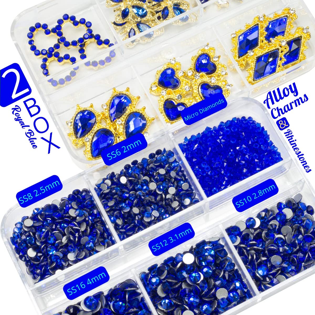 24Pcs Blue Luxury Nail Charms +2000Pcs Sapphire Rhinestones 3D Big Nail Gems K9 Glass Royal Blue Nail Crystals Diamonds Jewelry