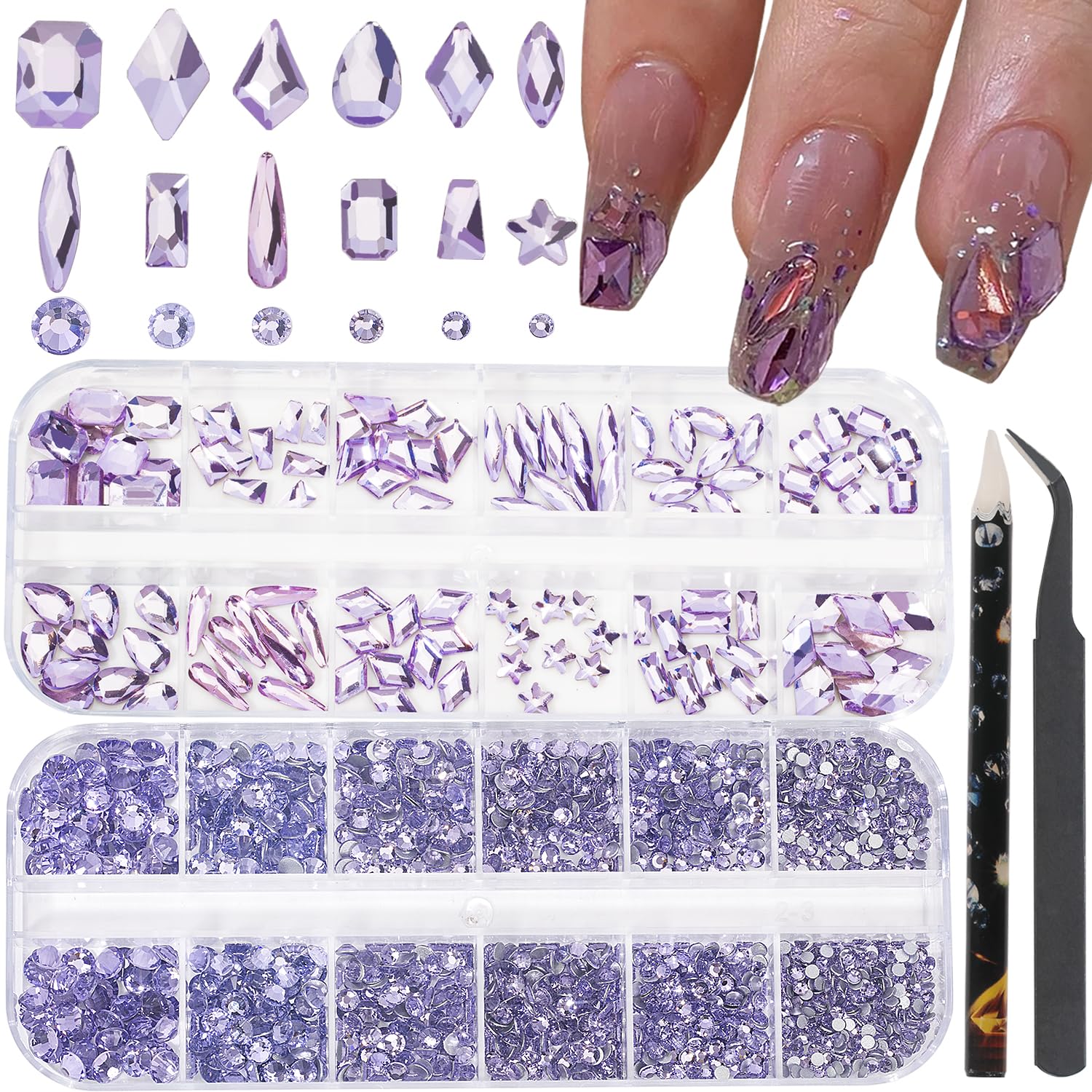 HNUIX Nail Rhinestones - 1600pcs 3D Multi Shape Size, Light Purple Nail Gems, Flat Back, with Kit, for Nail Art, DIY Decorations