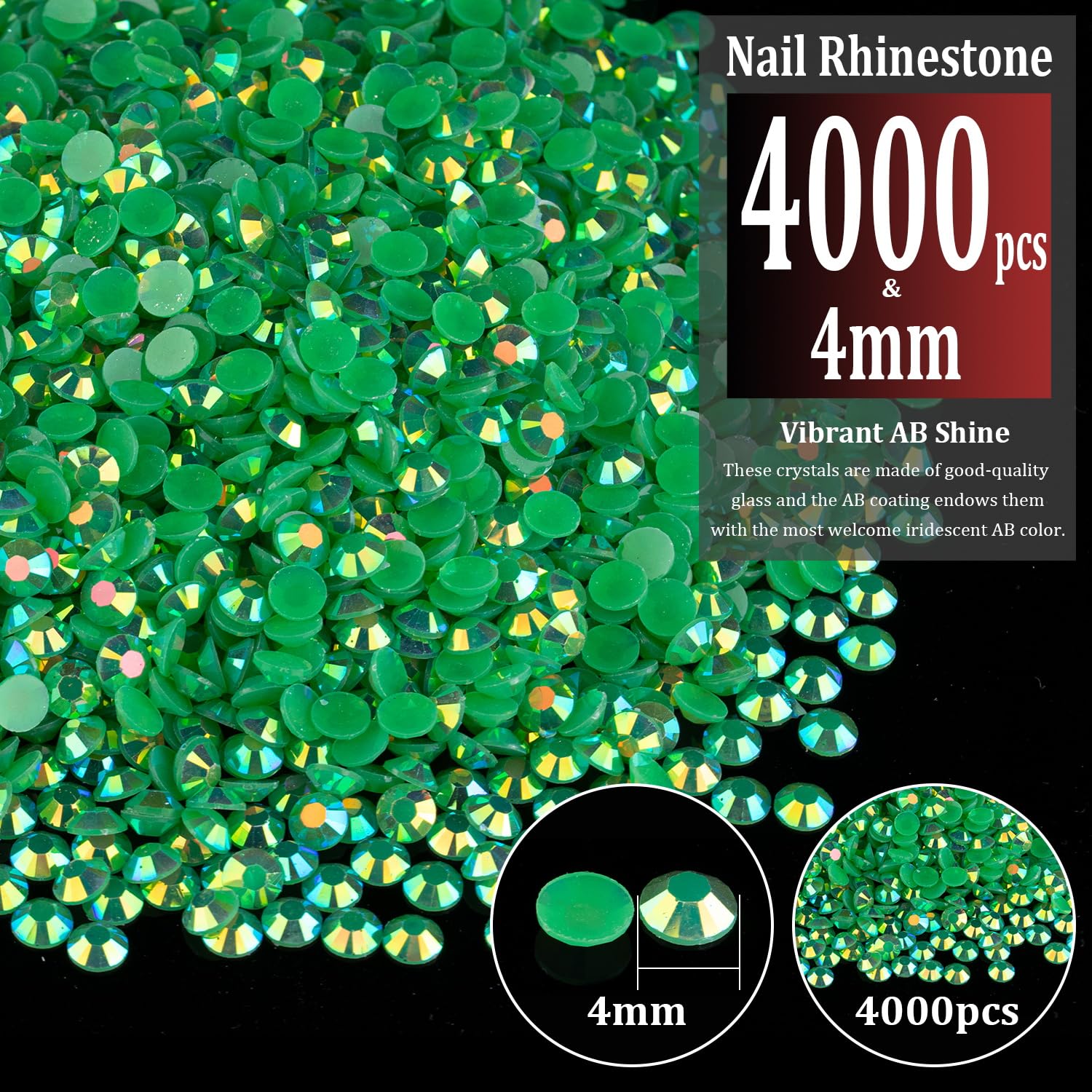 4000Pcs 4Mm Resin Rhinestones Bulk, Dark Green Ab Flatback Round Jelly Rhinestones Bedazzling Non Hotfix Crystal Gems Large Quan