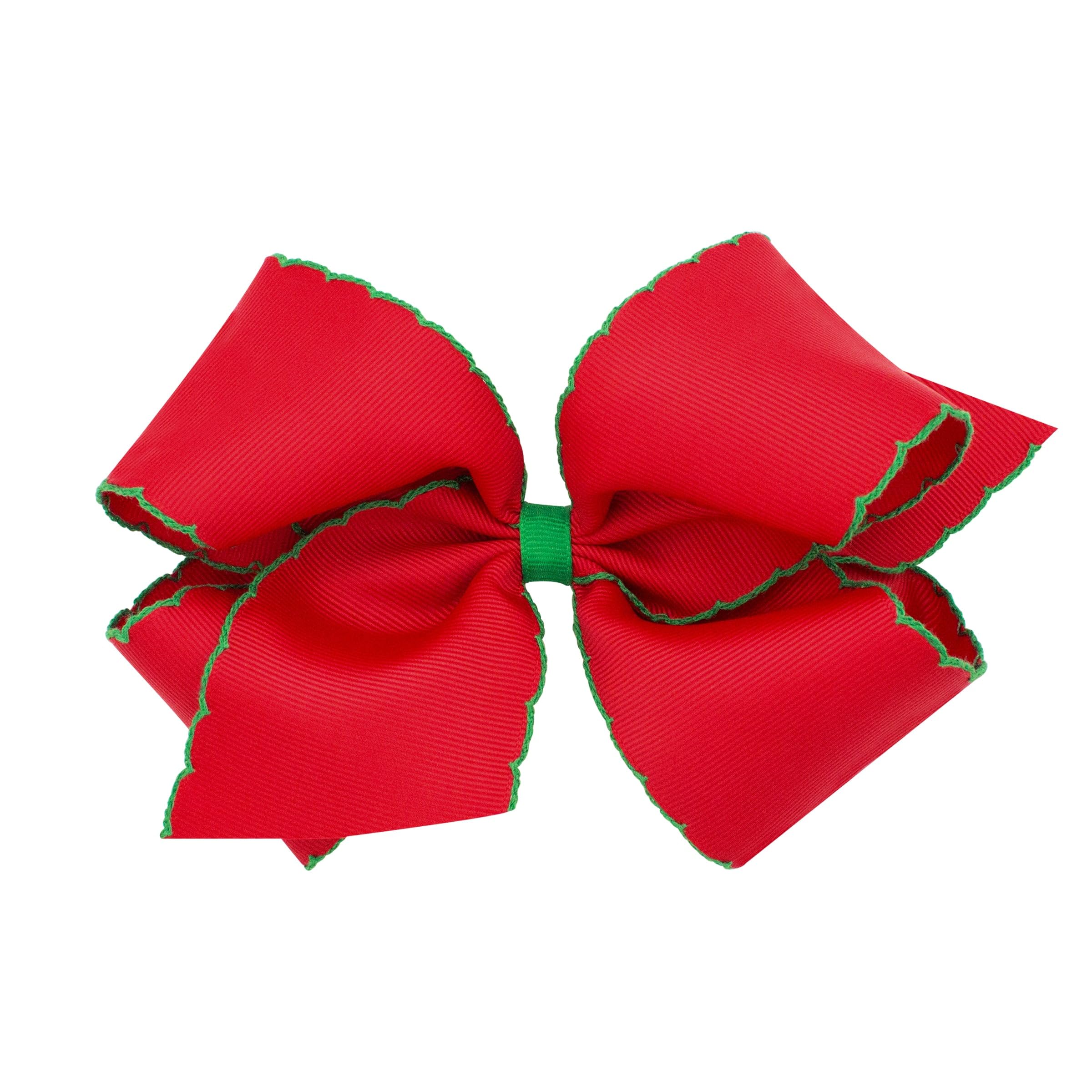 Wee Ones Girls' Grosgrain Hair Bow with Contrasting Moonstitch Edge and Wrap on a WeeStay Hair Clip, King, Red with Green