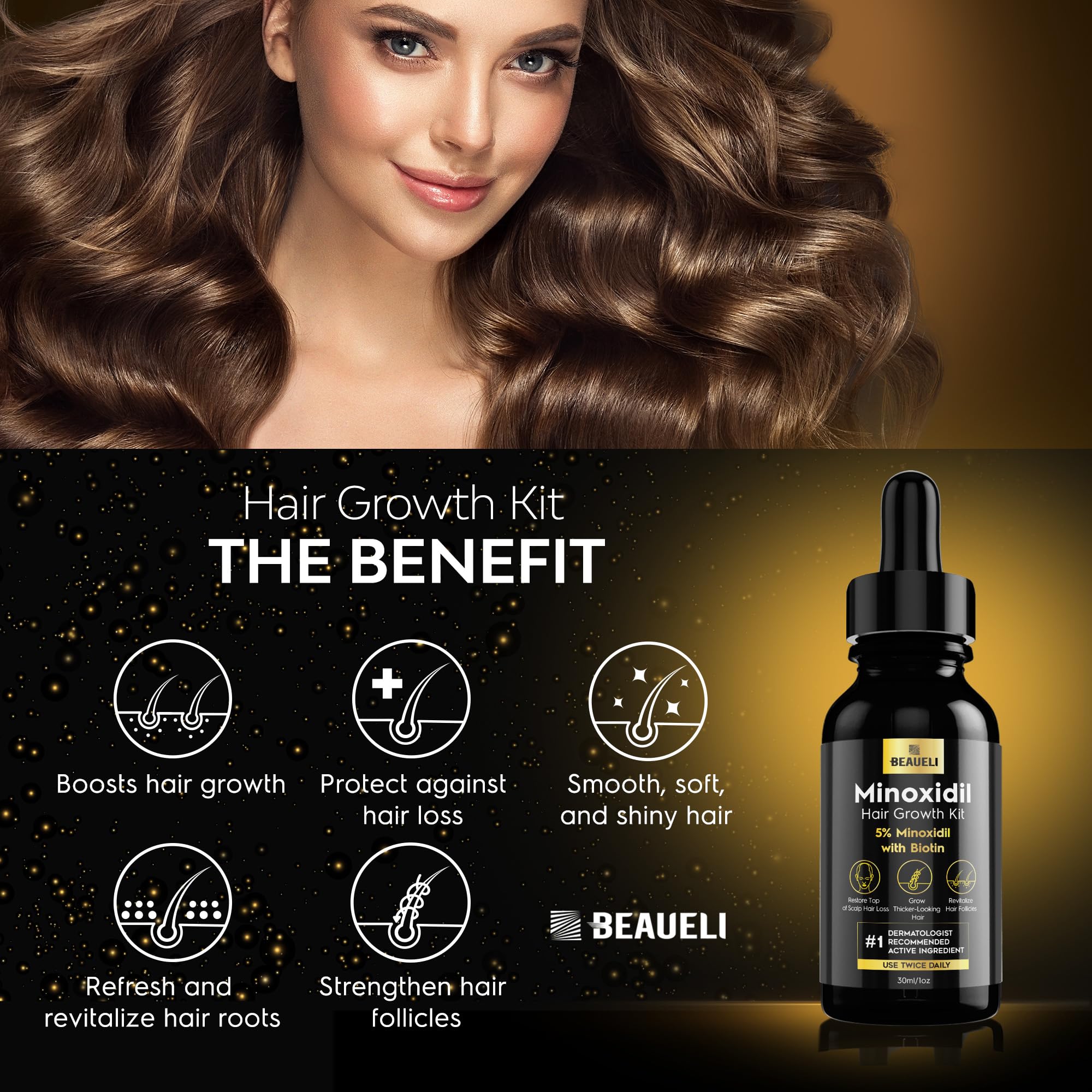 Beaueli 5% Minoxidil For Men And Women, Hair Growth, Beard Growth, Hair Regrowth, Unscented Drop, 3 Fl Oz, 3 Bottles