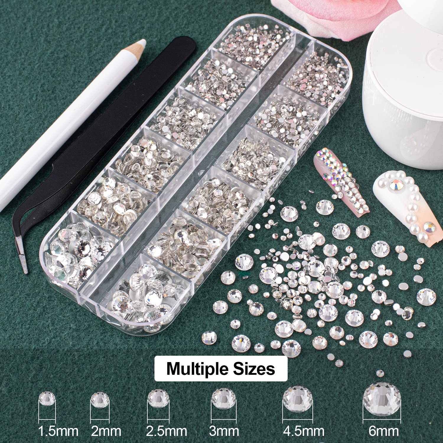 Flat Back Rhinestones&Pearls Kits Round Glass Crystal Transparent White Gems+White&Beige Pearls With Quick Dry Makeup Glue+Picke