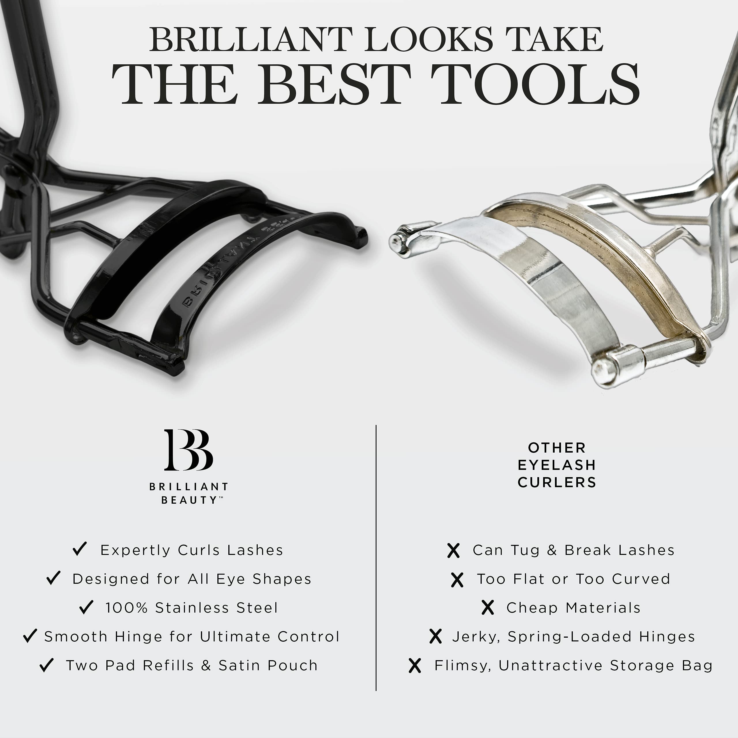 Brilliant Beauty Eyelash Curler With Satin Bag & Refill Pads - Award Winning Eye Lash Curlers For Dramatically Curled Eyelashes