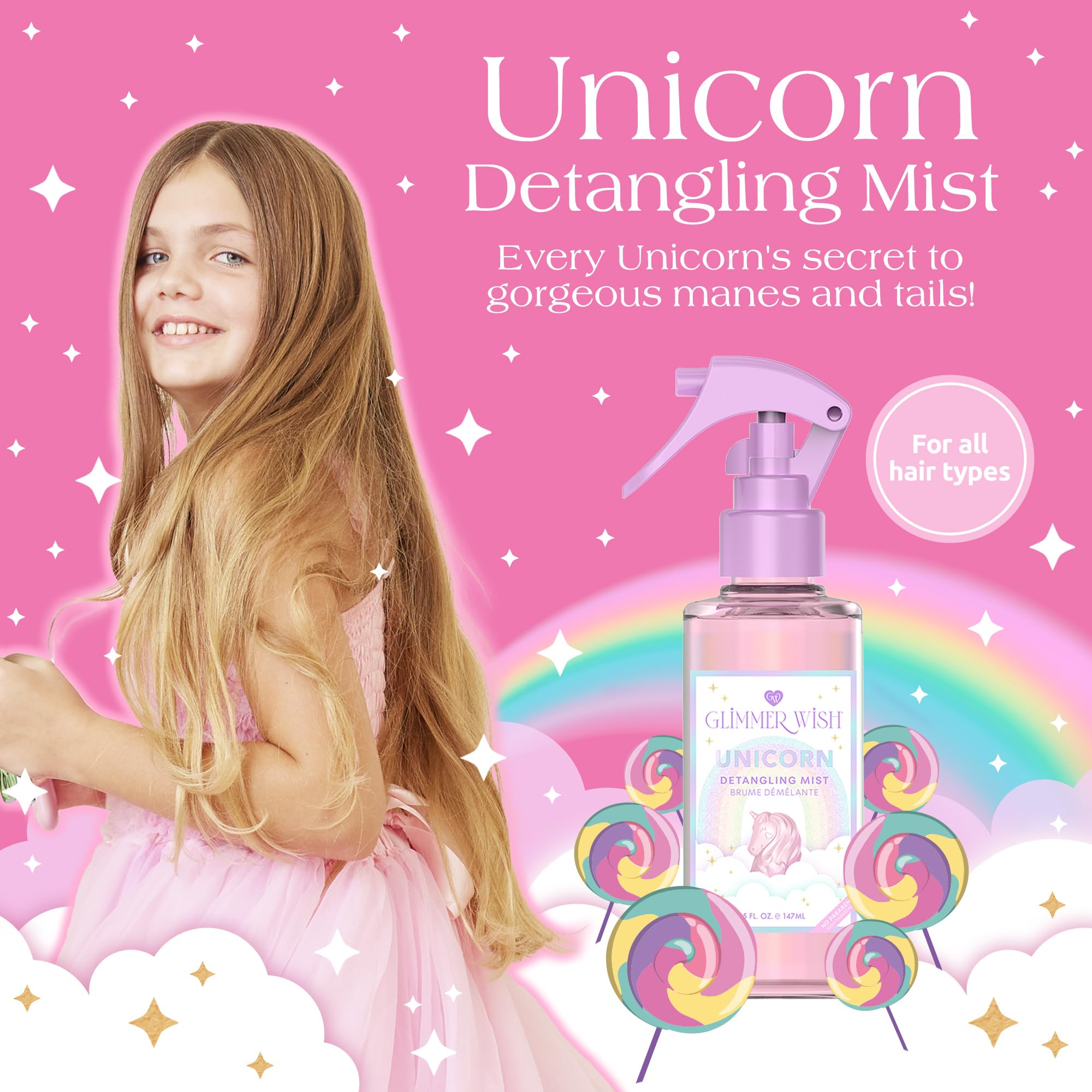 Glimmer Wish Unicorn Hair Detangling Mist, Vanilla Cotton Candy Scent Kids Detangler Spray, Coconut And Macadamia Oil For Hair T