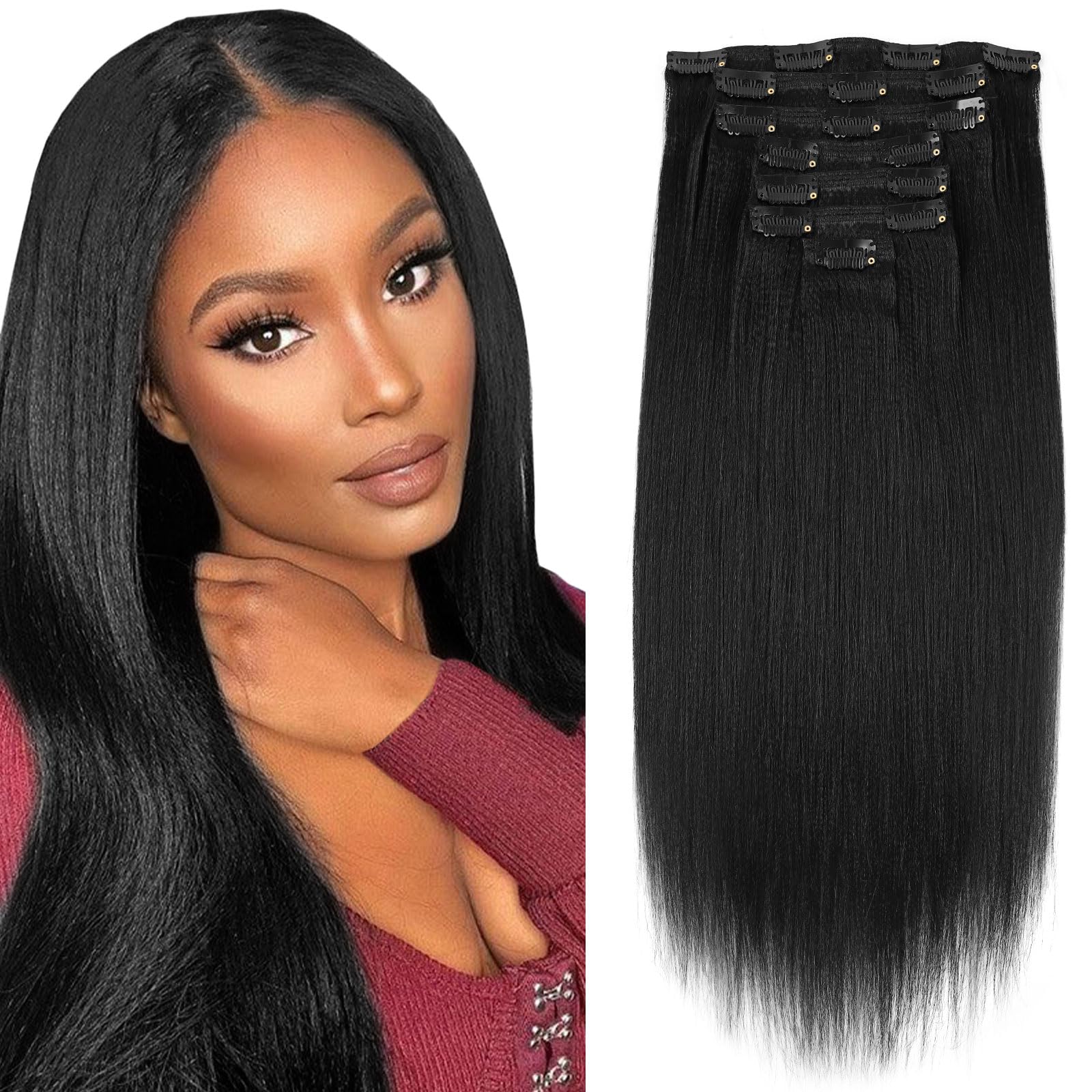 Sassina Real Remy Thick Yaki Straight Clip ins Human Hair Double Wefts Jet Black for African American Full Head 7 Pieces 17 Clip