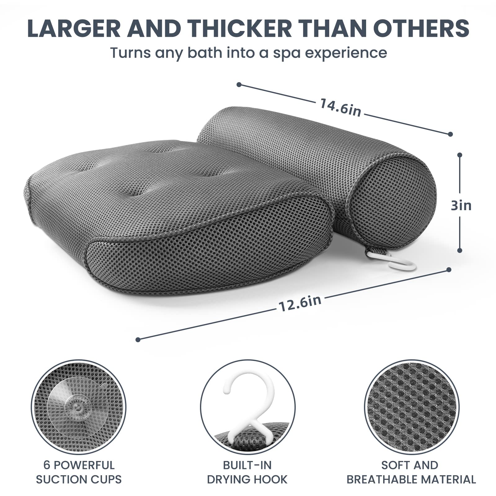 Luxstep Bath Pillow Bathtub Pillow With 6 Non-Slip Suction Cups,14.6X12.6 Inch, Extra Thick And Soft Air Mesh Pillow For Bath -