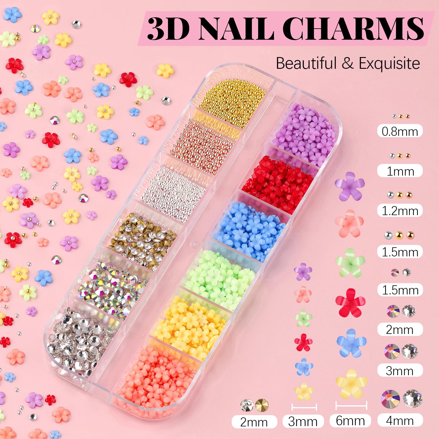 3D Nail Charms, Butterfly Colorful Acrylic Flower Starry Ab Gemstones Caviar Beads Half Round Pearl, Flat Back Glass Crystal Ab