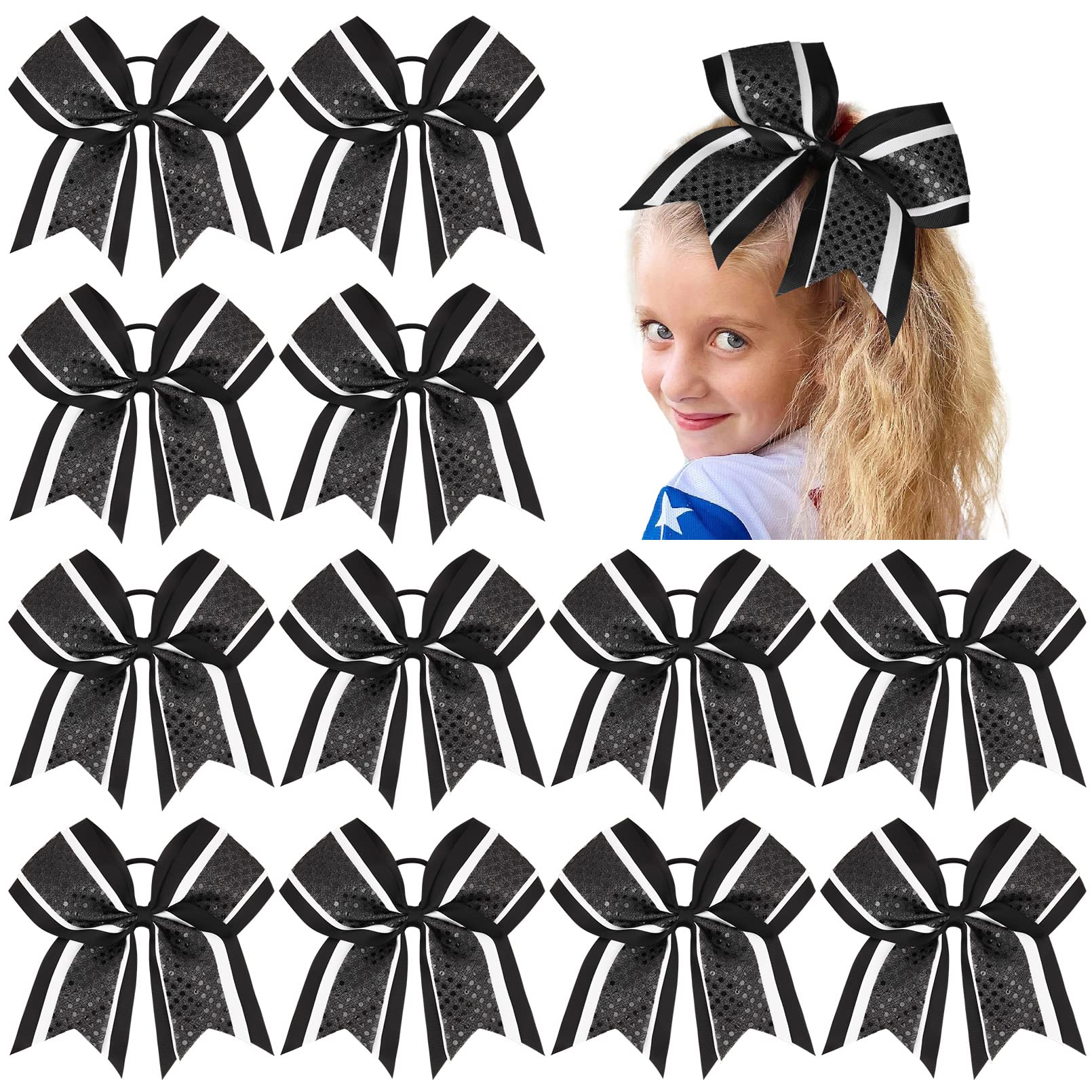 12 PCS 8'' Large Glitter Cheer Bows Shiny Girl Hair Bows Ponytail Holder Sparkly Black Cheerleading Softball Team Bow Hair Acces