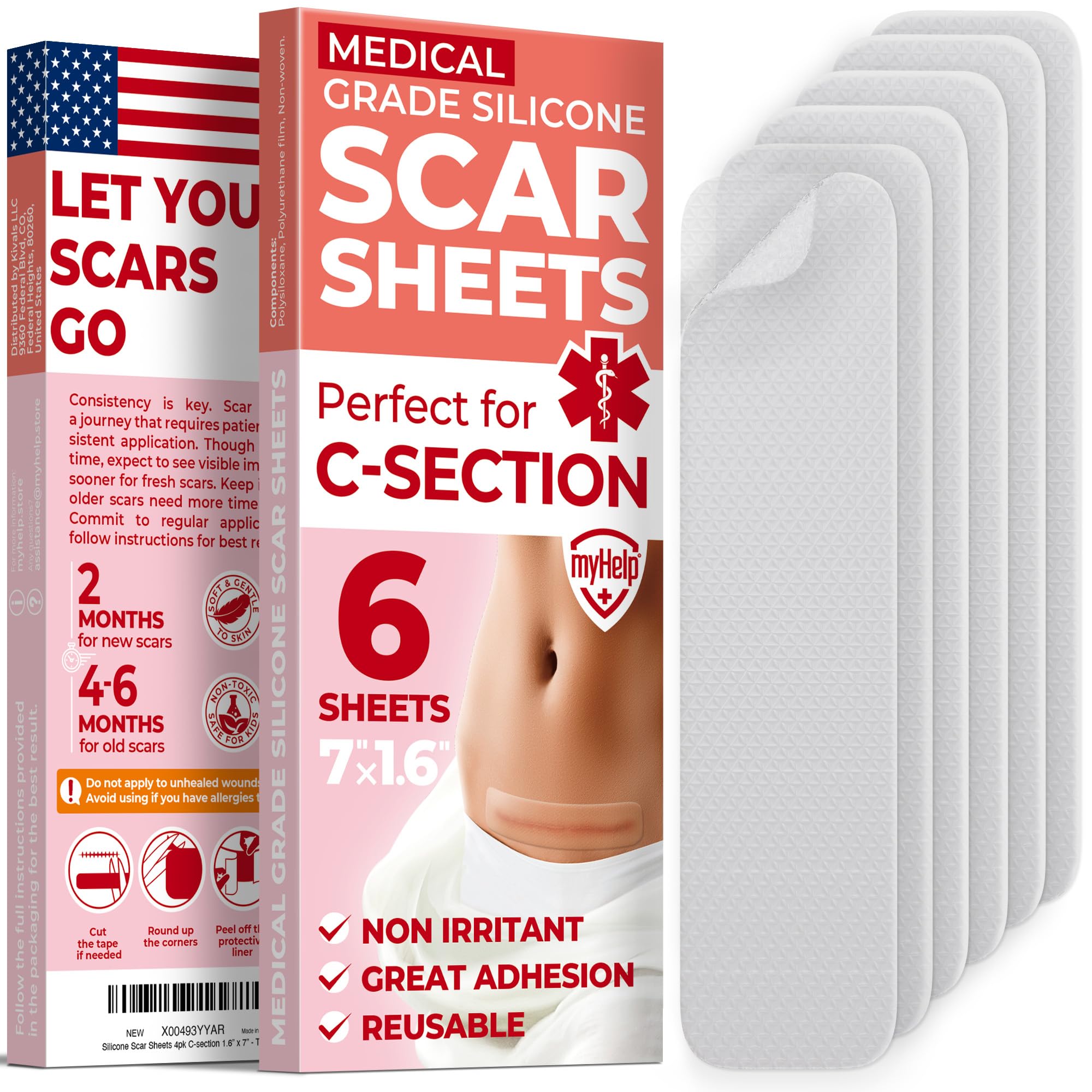 Medical Grade Silicone Scar Sheets - Transparent - 6pk (7   x1.6   ) - Visible Difference on C-Section Scars - Reusable Silicone