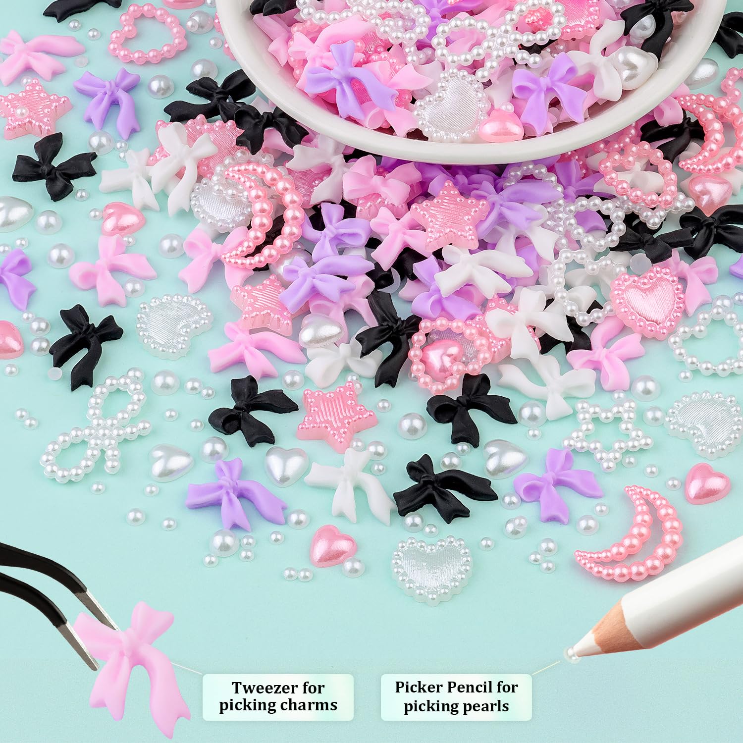600 Pcs 3D Nail Charms And Flatback Pearls #7, 4 Colors Bow + Pink&White Star Heart Moon Cute Charms + 2-6Mm White Pearls For Na