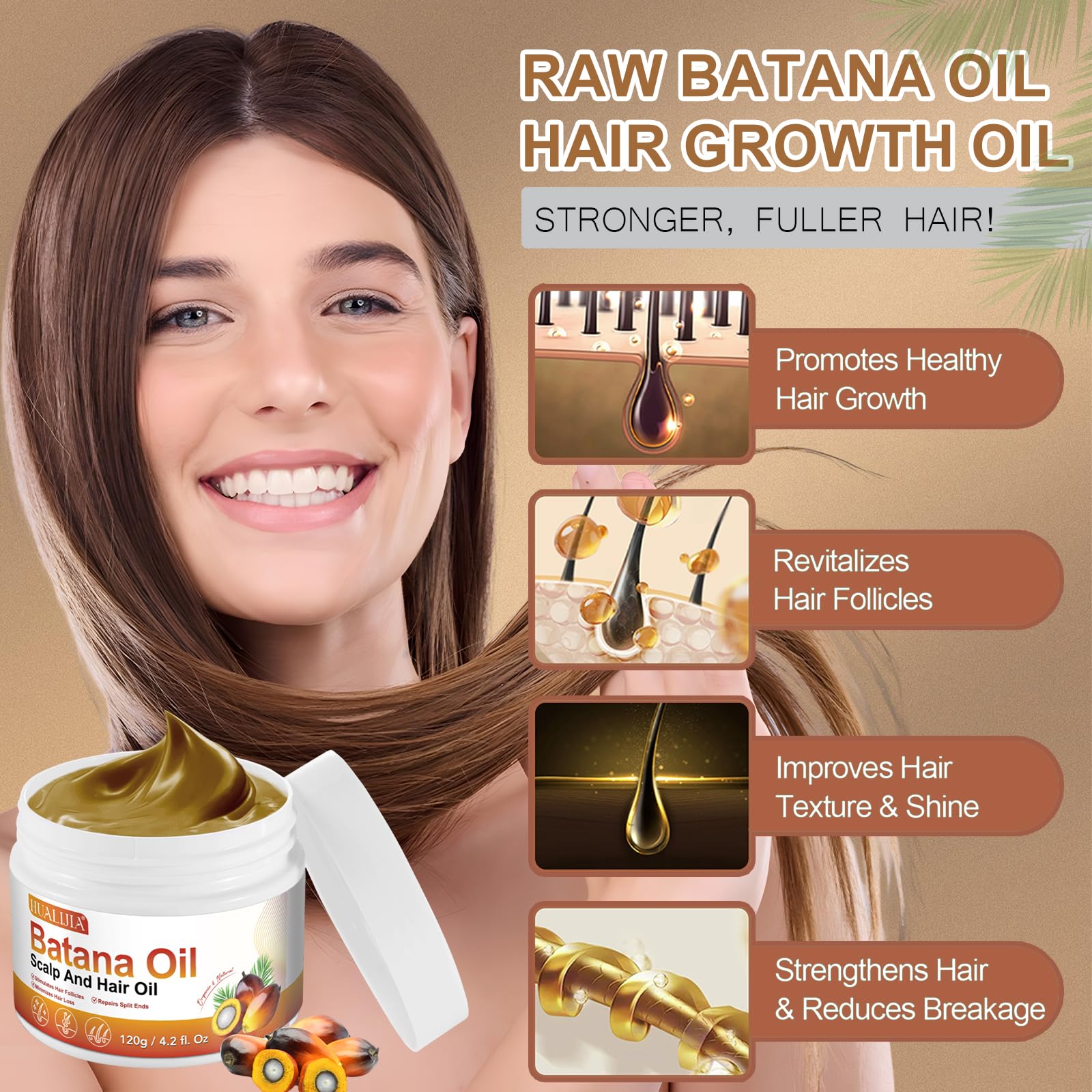 'Hualijia Raw Batana Oil For Hair Growth, Organic Dr. Sebi From Honduras - Prevent Hair Loss, Eliminates Split Ends And Enhance