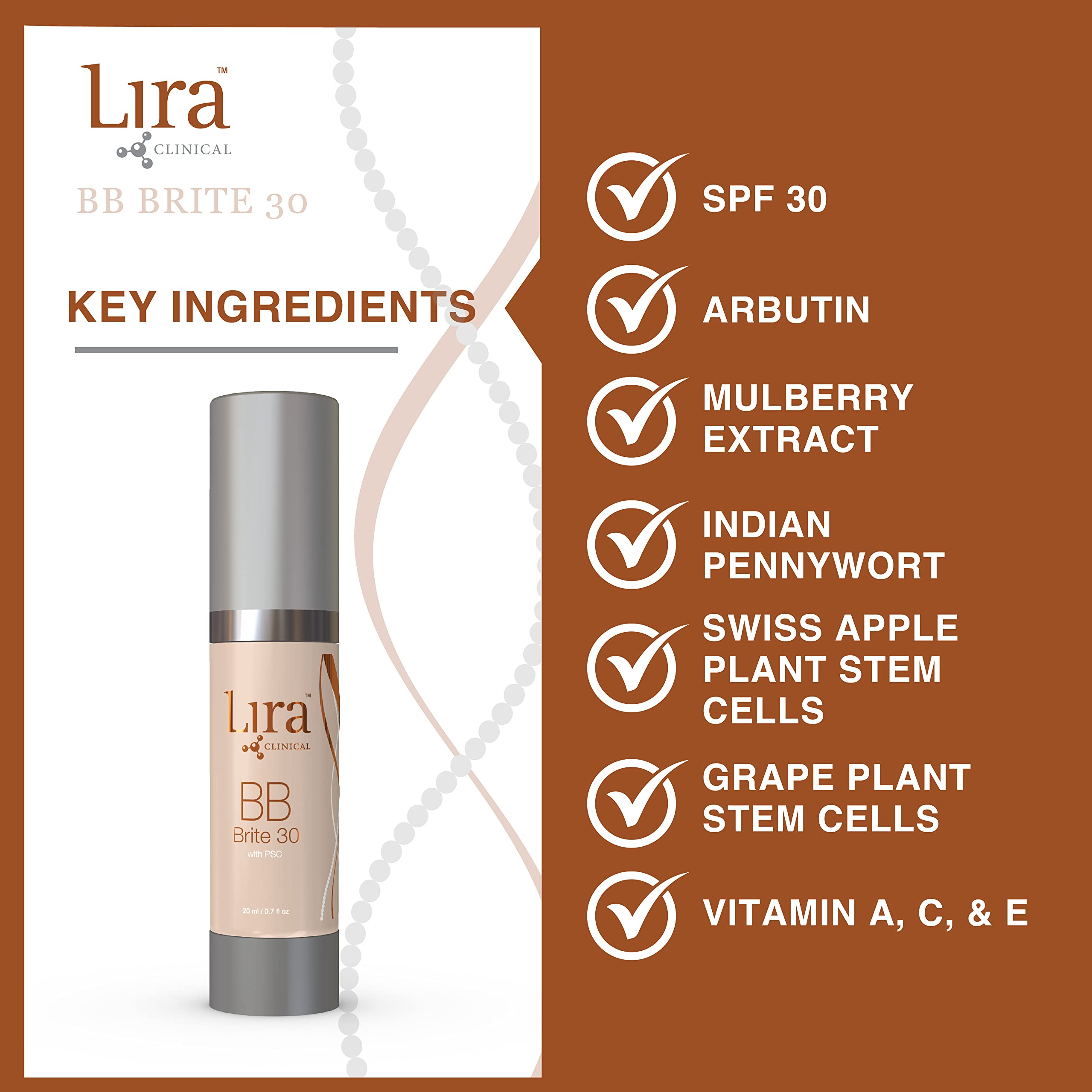 Lira Clinical Bb - Spf 30 Tinted Bb Cream With Psc & Vitamins - Full Coverage - 0.7 Fl Oz. (Bb Brite 30)