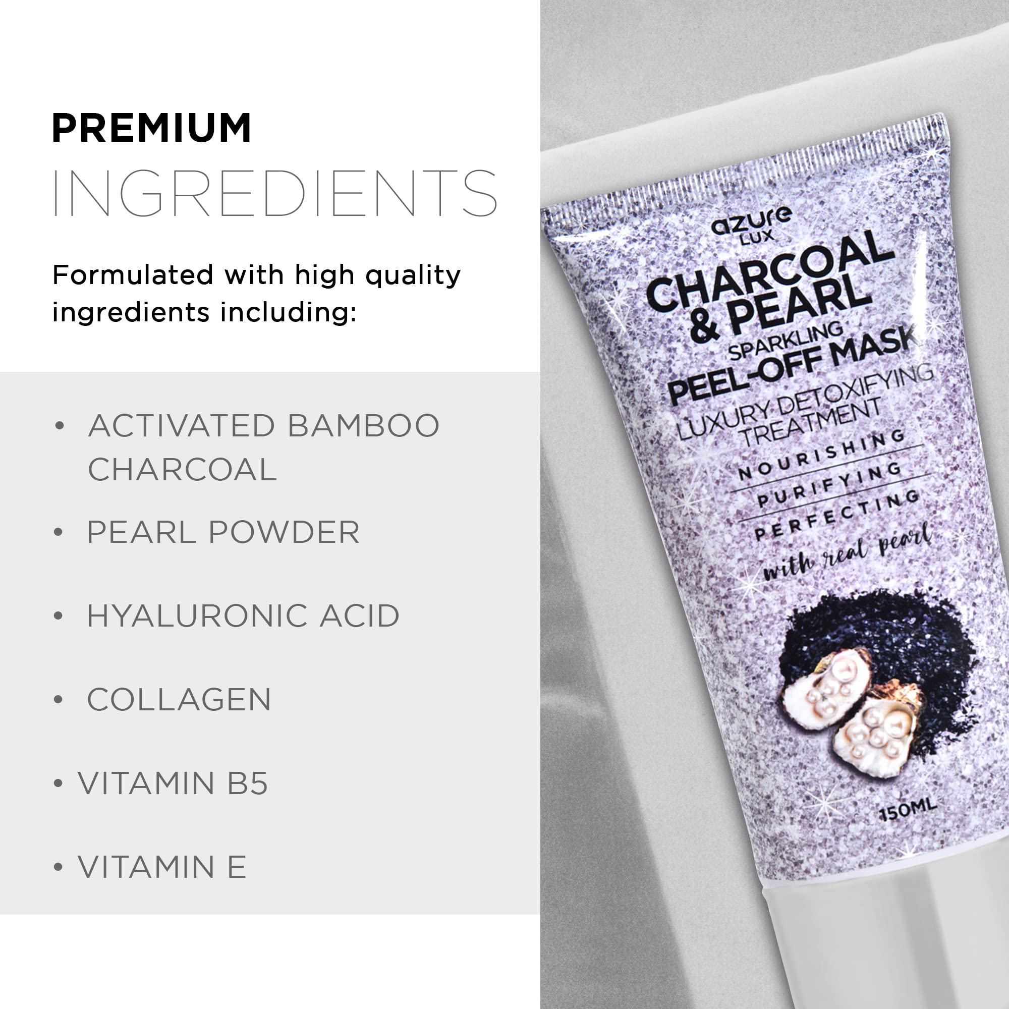 Azure Cosmetics Charcoal & Pearl Sparkling Peel-Off Mask - Korean Skincare For Anti-Aging, Dirt & Oil Control With Hyaluronic Ac