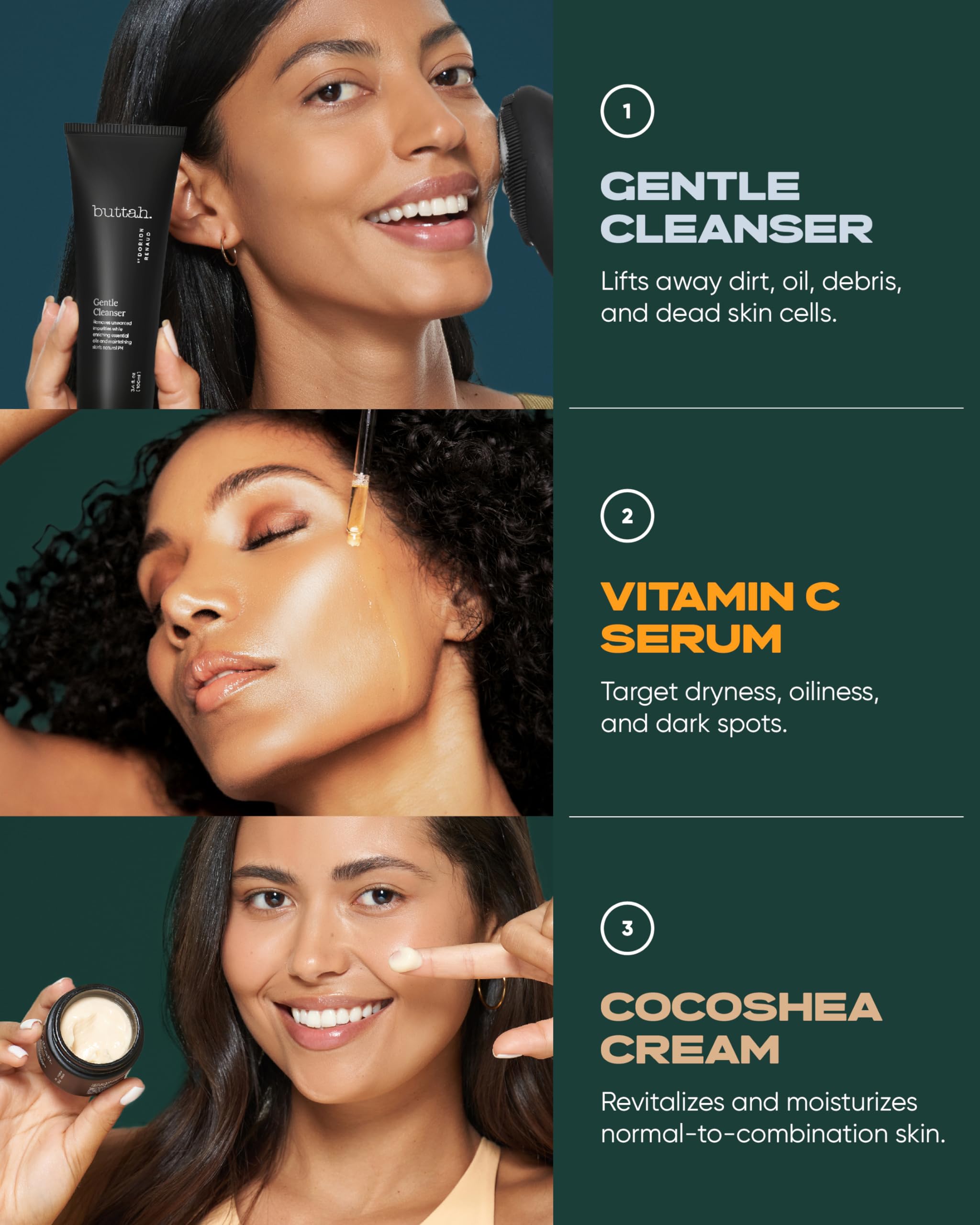 Buttah Skin Transforming Kit For Melanin Rich Skin | Cocoshea Revitalizing Cream 2 Oz | Vitamin C Serum 1 Oz | Buttah Cleanser 3