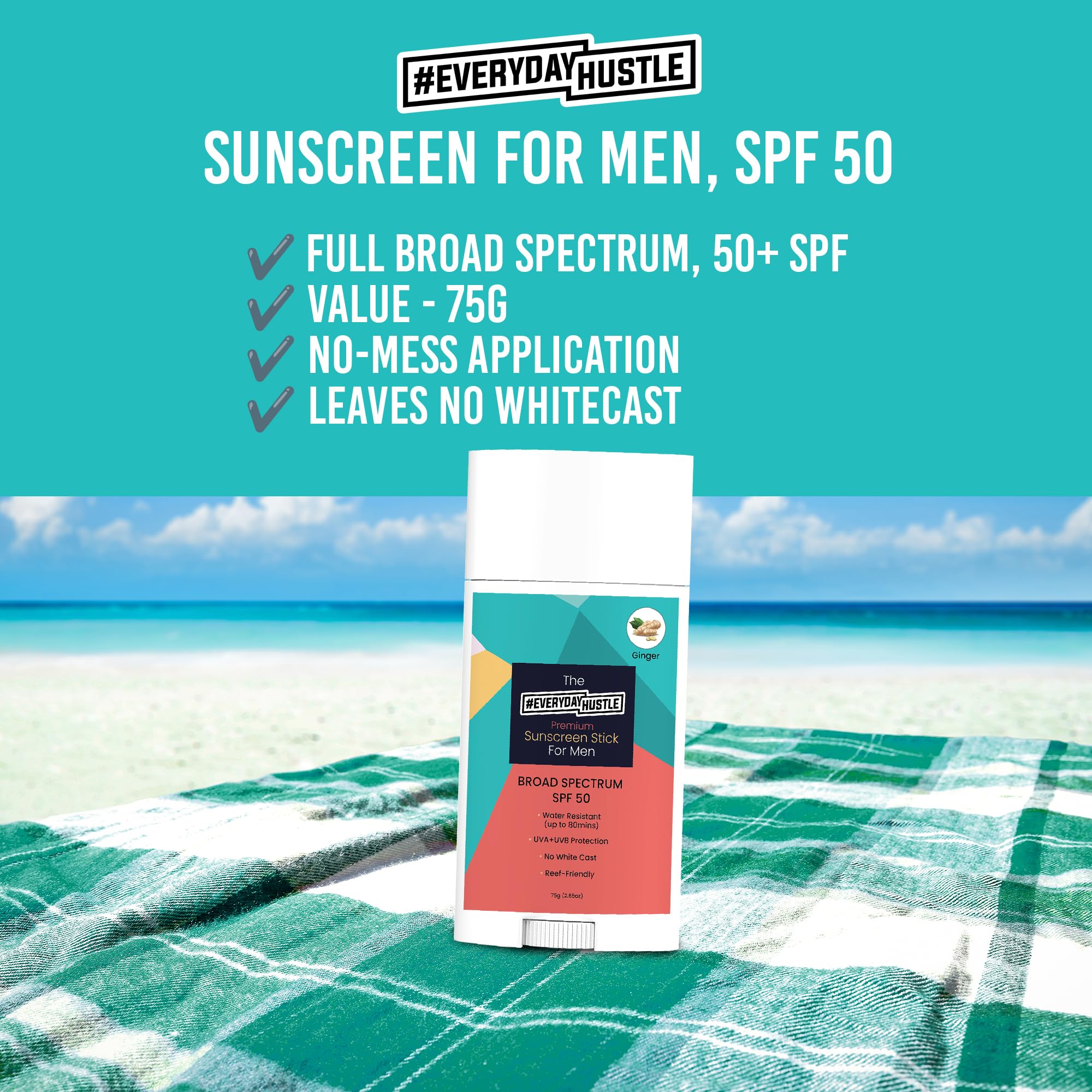 #Everydayhustle Sunscreen Stick For Men, Broad Spectrum Spf 50 Protection For Face And Body, No-Mess Application, 75G