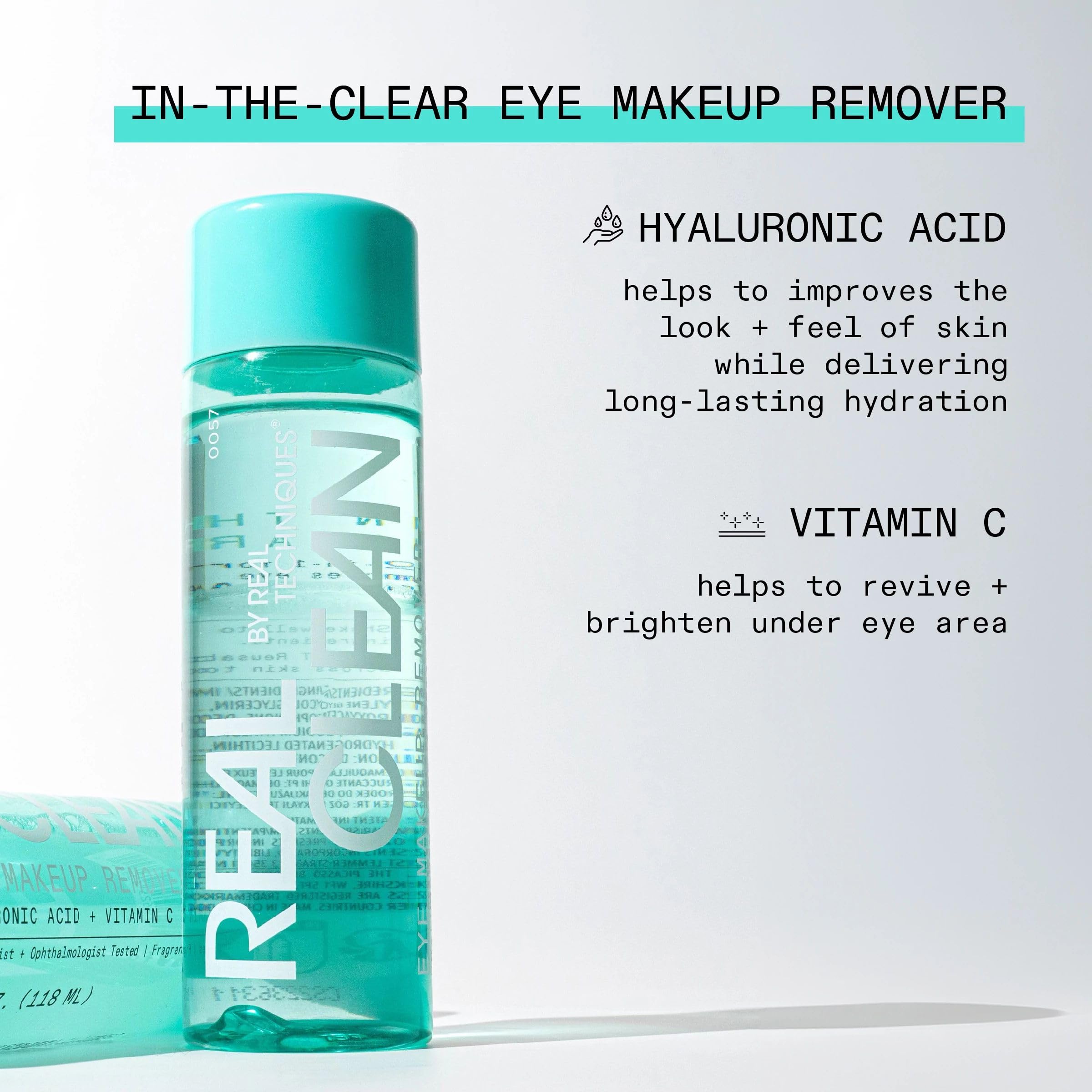 Real Techniques Real Clean In-The-Clear Eye Makeup Remover, Gentle Liquid Makeup Remover, Skin Repair Ingredients, Hyaluronic Ac