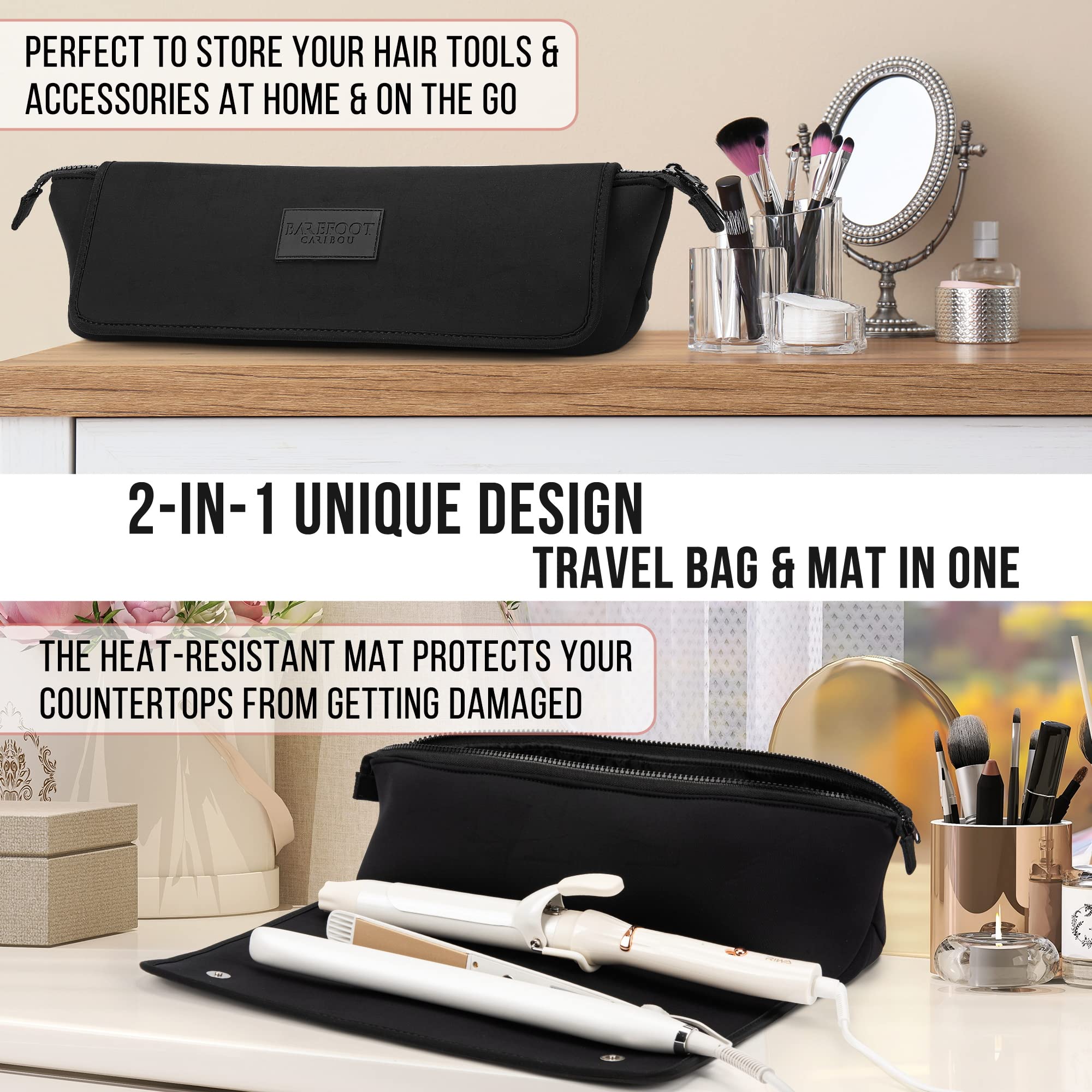BAREFOOT CARIBOU Hair Tools Travel Bag and Heat Resistant Mat for Flat Irons, Straighteners, Curling Iron, Haircare Accessories,