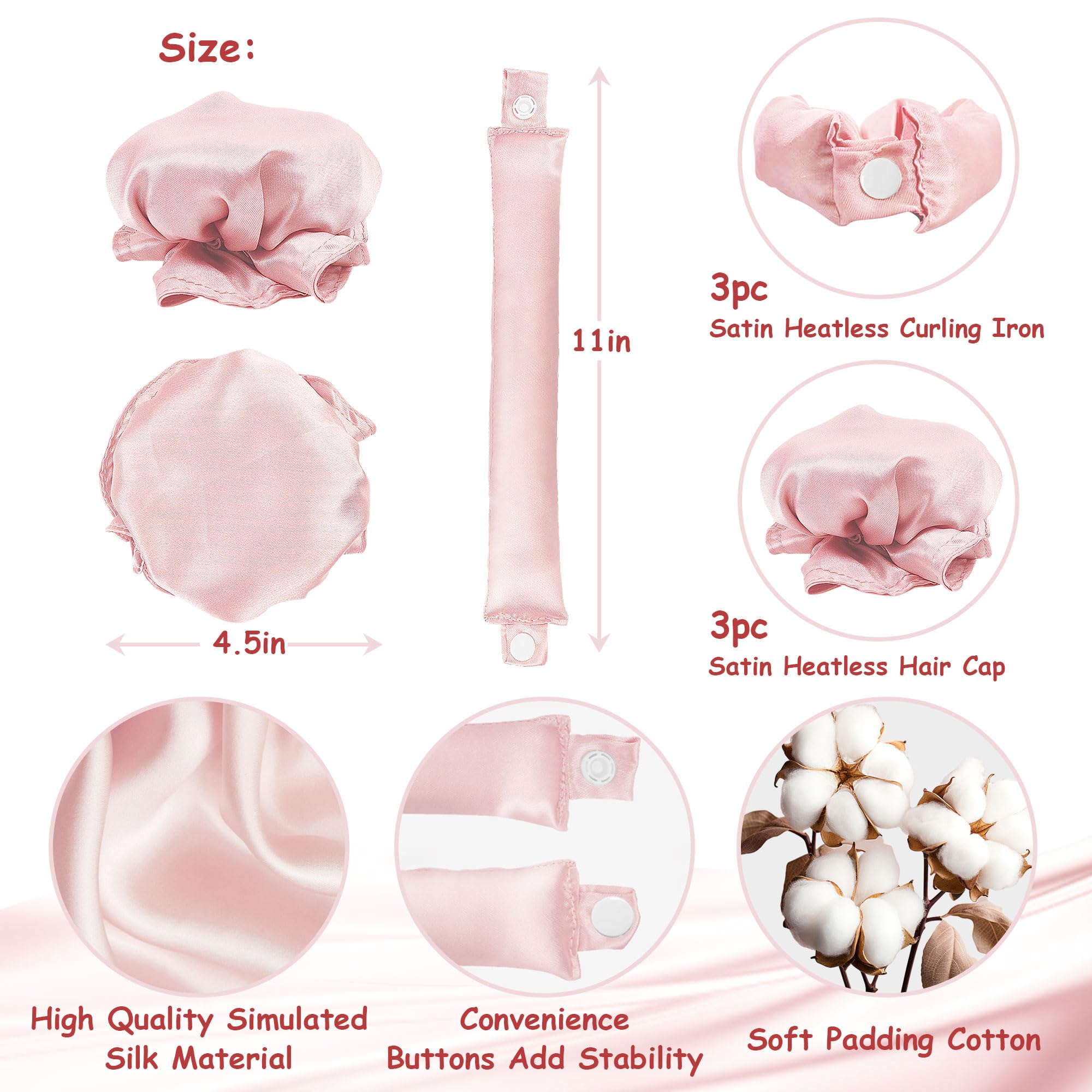 6 Pcs Heatless Hair Curling Set With Satin Overnight Headbands - Creates Beautiful Curls Without Heat Damage (Pale Pink)