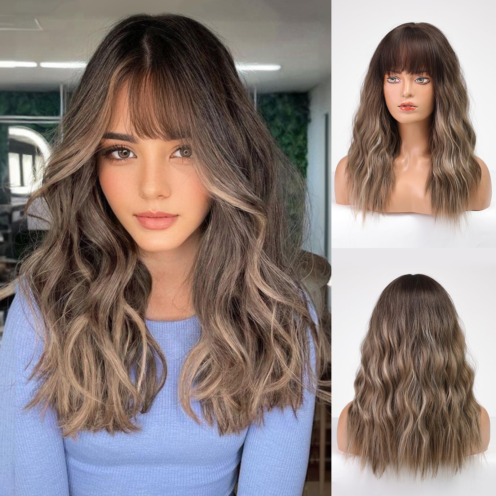 HAIRCUBE Ombre Brown Curly Wigs With Bangs,Brown Highlight Curly Wigs for Women Heat Resistant Synthetic Wigs Fashion Women Brow