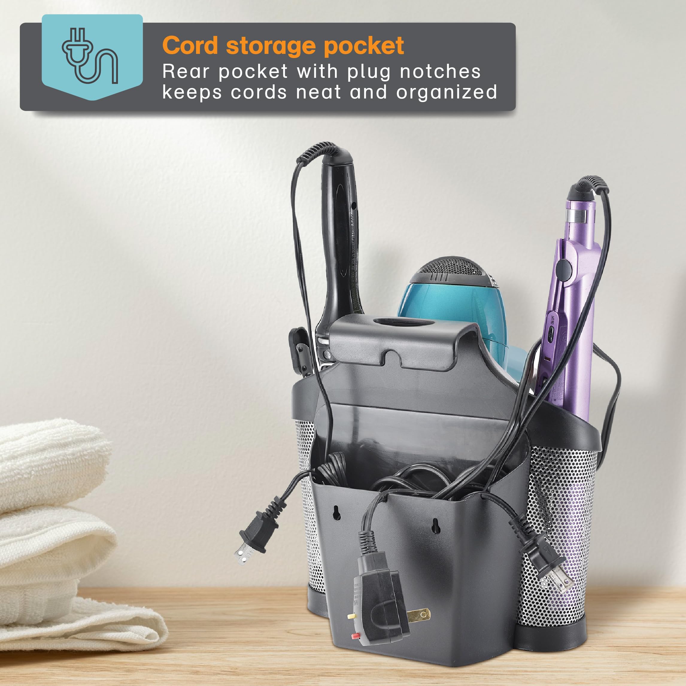 Polder Style Station, Organization For Styling Tools: Hair Dryers,Curling Irons, Straighteners, Brushes, Hang Over Towel Rack, S