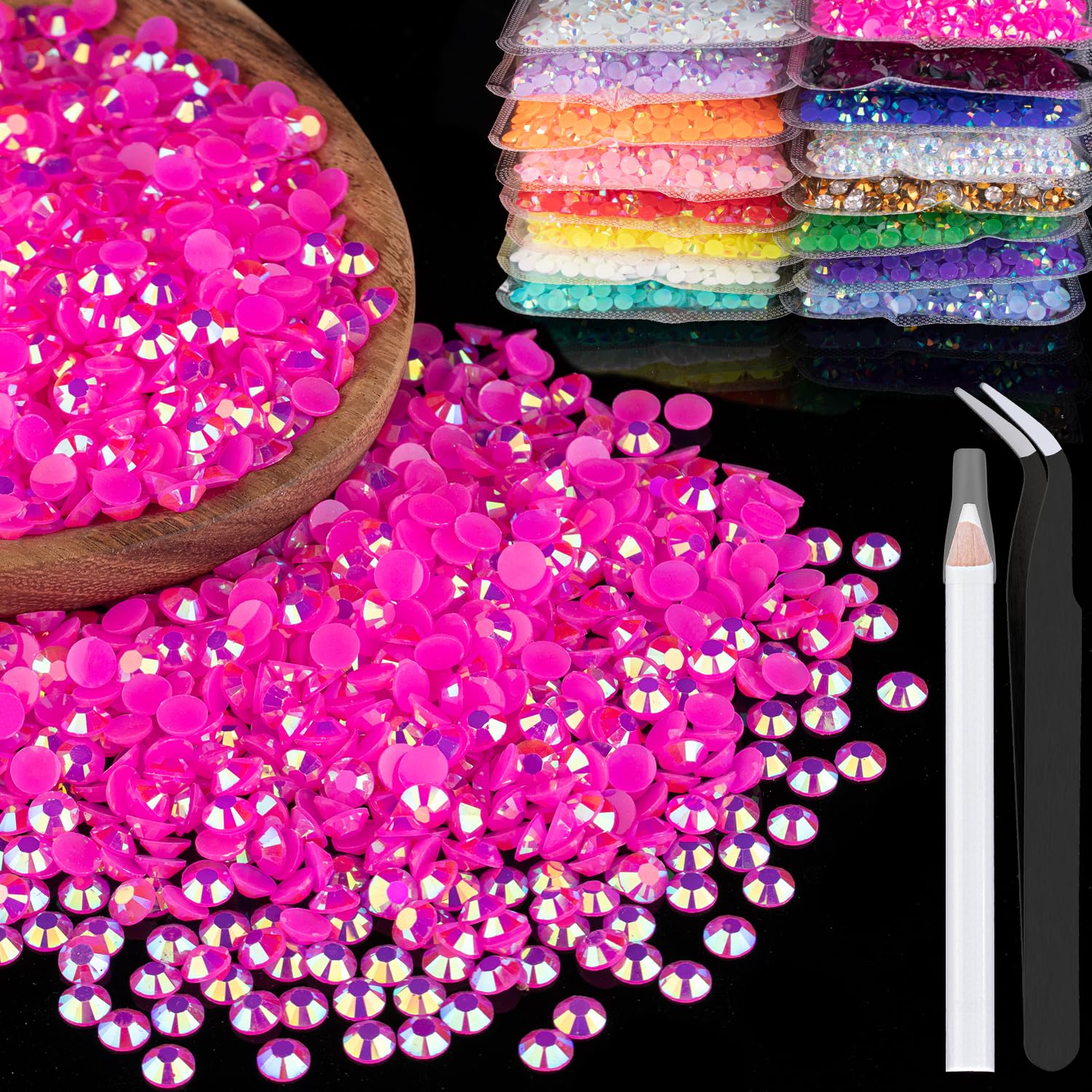 1500pcs 6mm Resin Rhinestones Bulk, Hot Pink AB Flatback Round Jelly Rhinestones Bedazzling Non Hotfix Crystal Gems Large Quanti