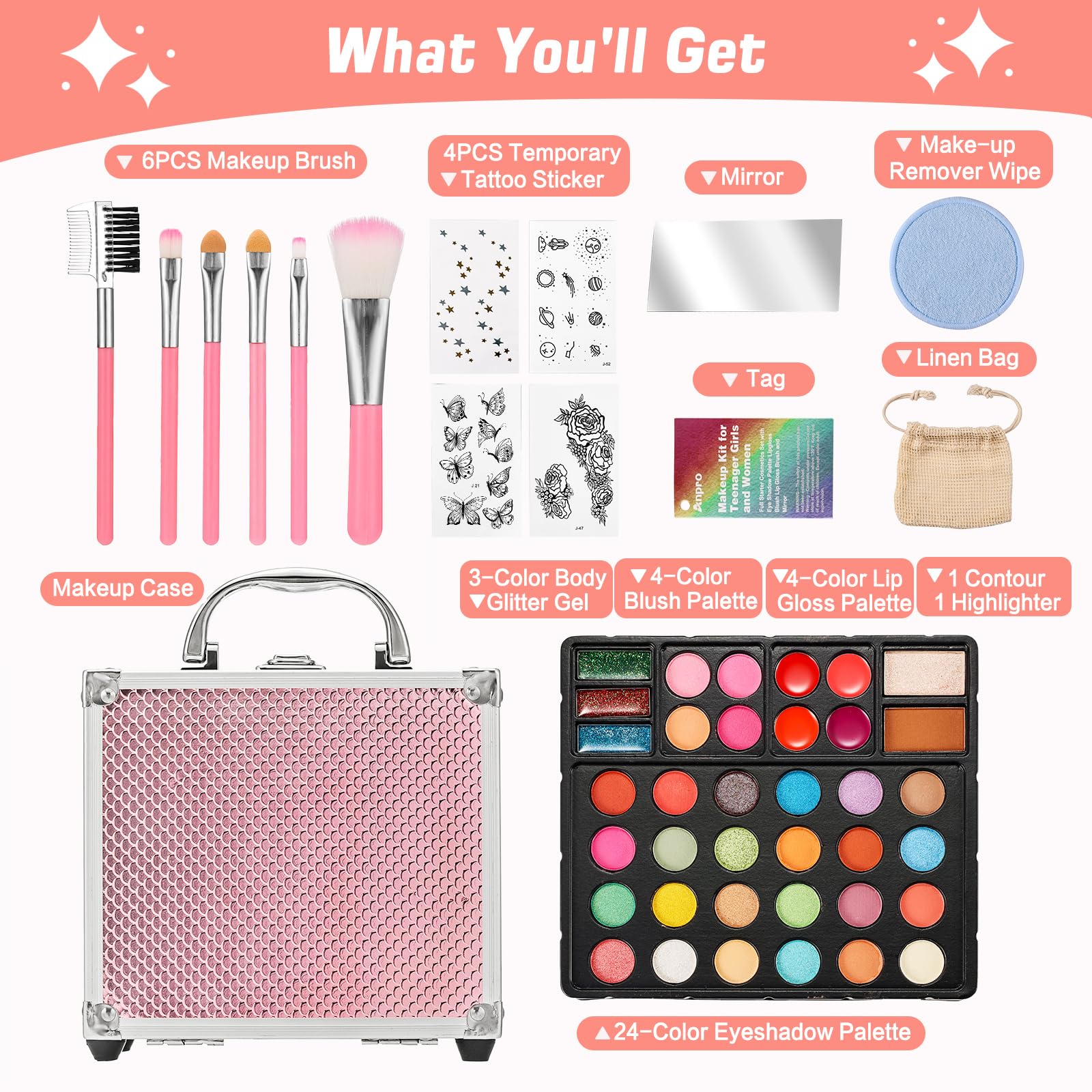 Anpro All-In-One Makeup Carry Case With Pro Teen Makeup Set, Full Starter Cosmetics Kit With Makeup Brushes, Eye Shadows Palette