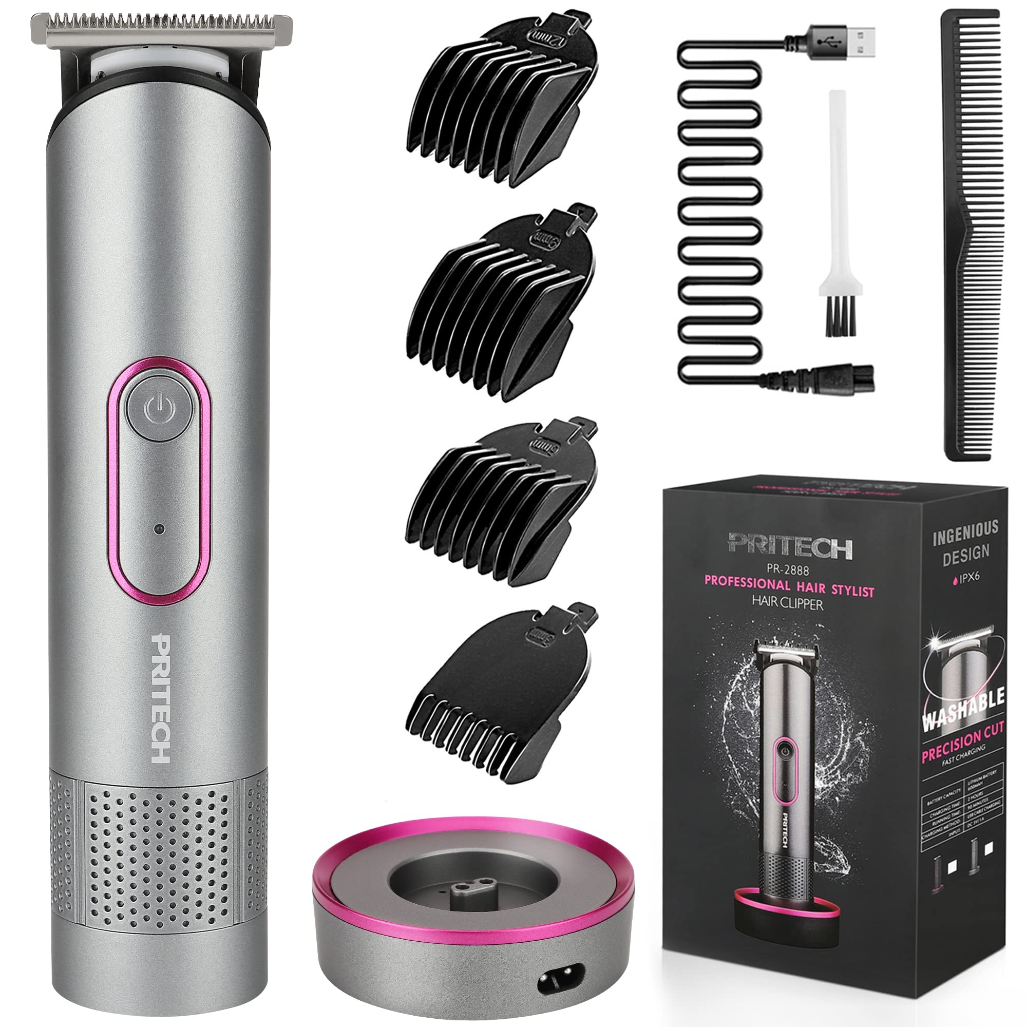 Pritech Hair Trimmer For Women, Waterproof, Rechargeable Pubic Hair Clippers And Bikini Shaver, Electric Razor, Hair Cut Kit, Ba