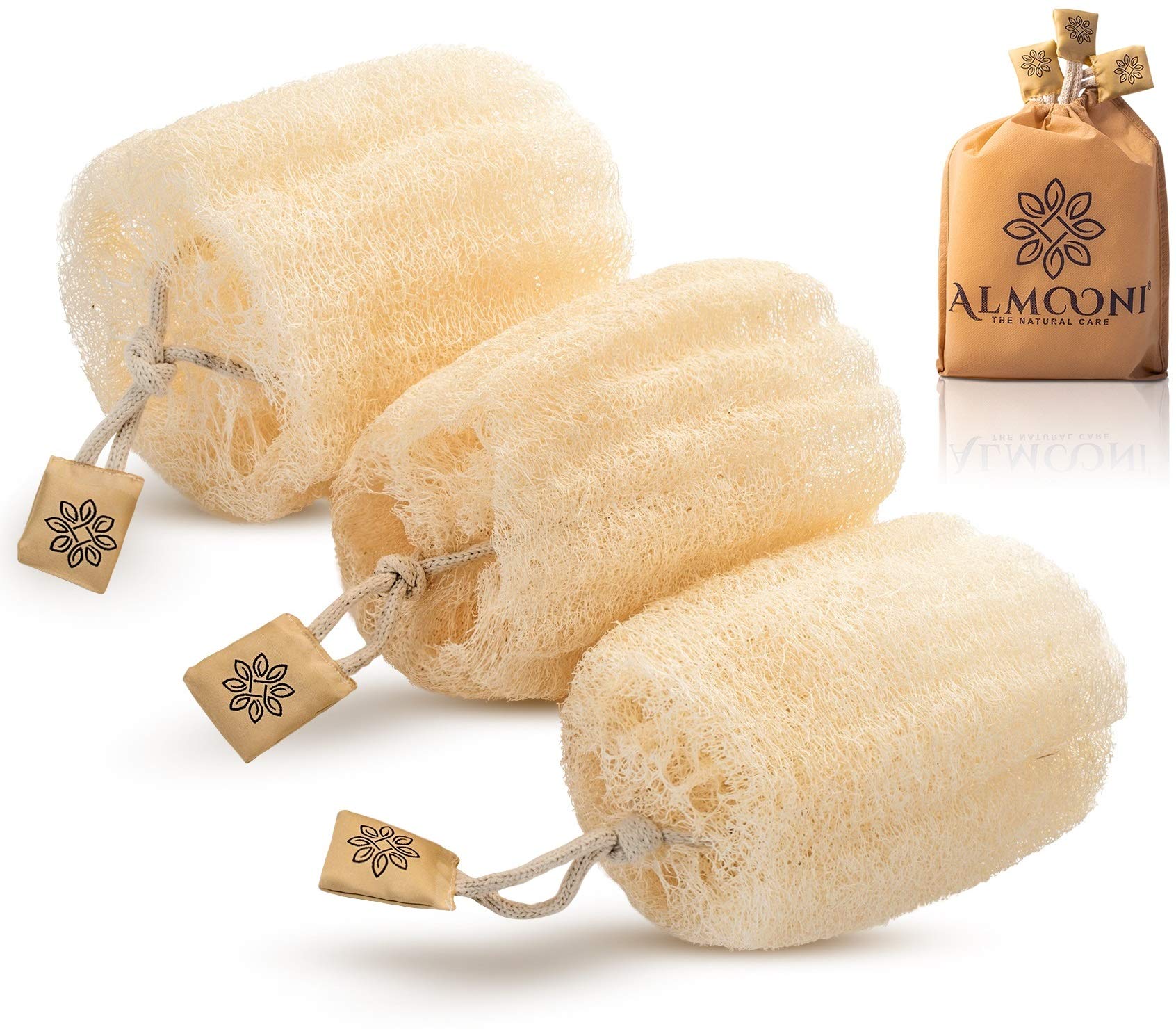 ALMOONI Egyptian Loofah Exfoliating Body Scrubber - Natural Tan Shower Sponge, 3 Count Pack for Men & Women, Perfect for Body & Face Cleaning