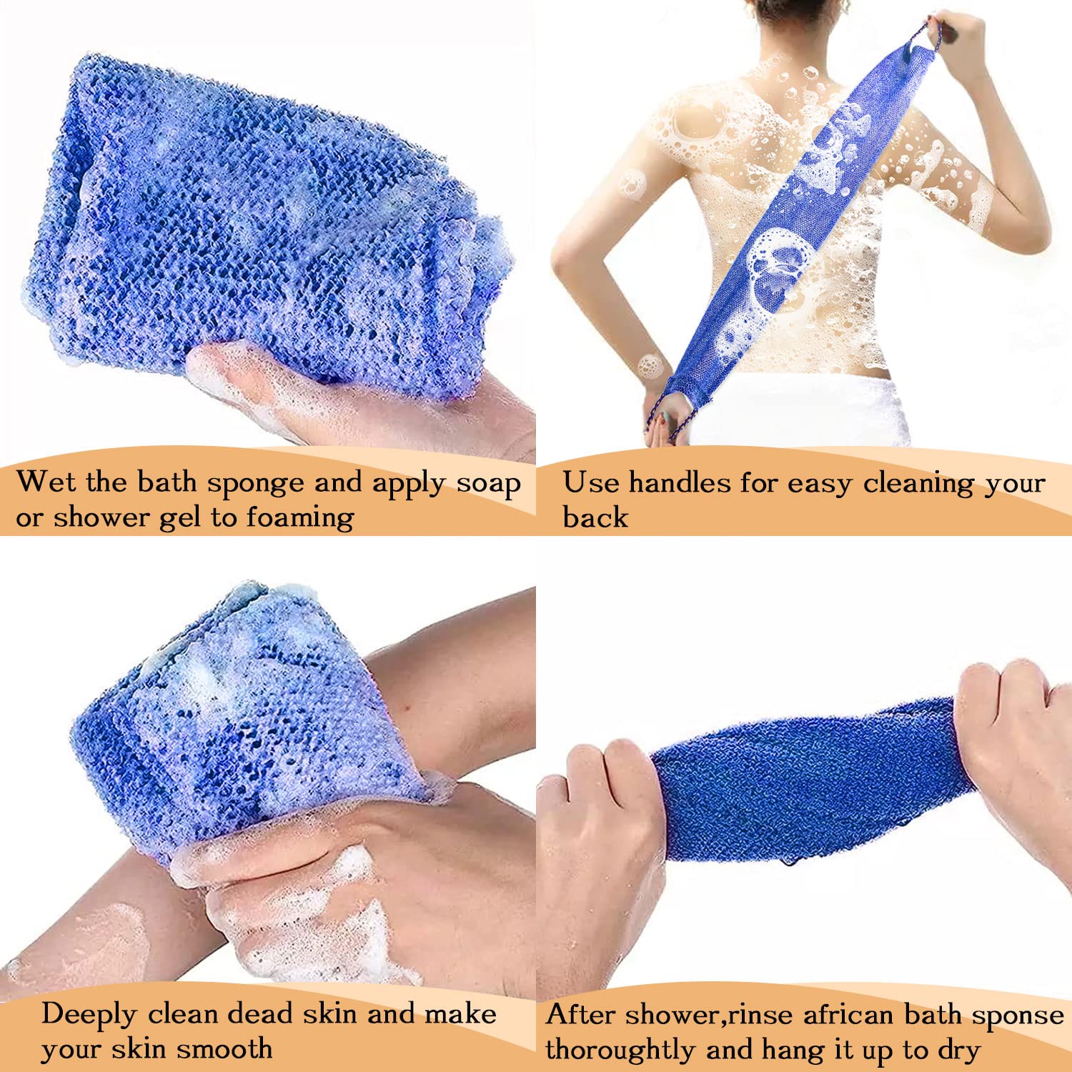 Dr.Pedi 3 Pieces African Net Sponge With Handles Long African Exfoliating Net Washcloth Bath Sponge Net Cloth Wash Net Body Back