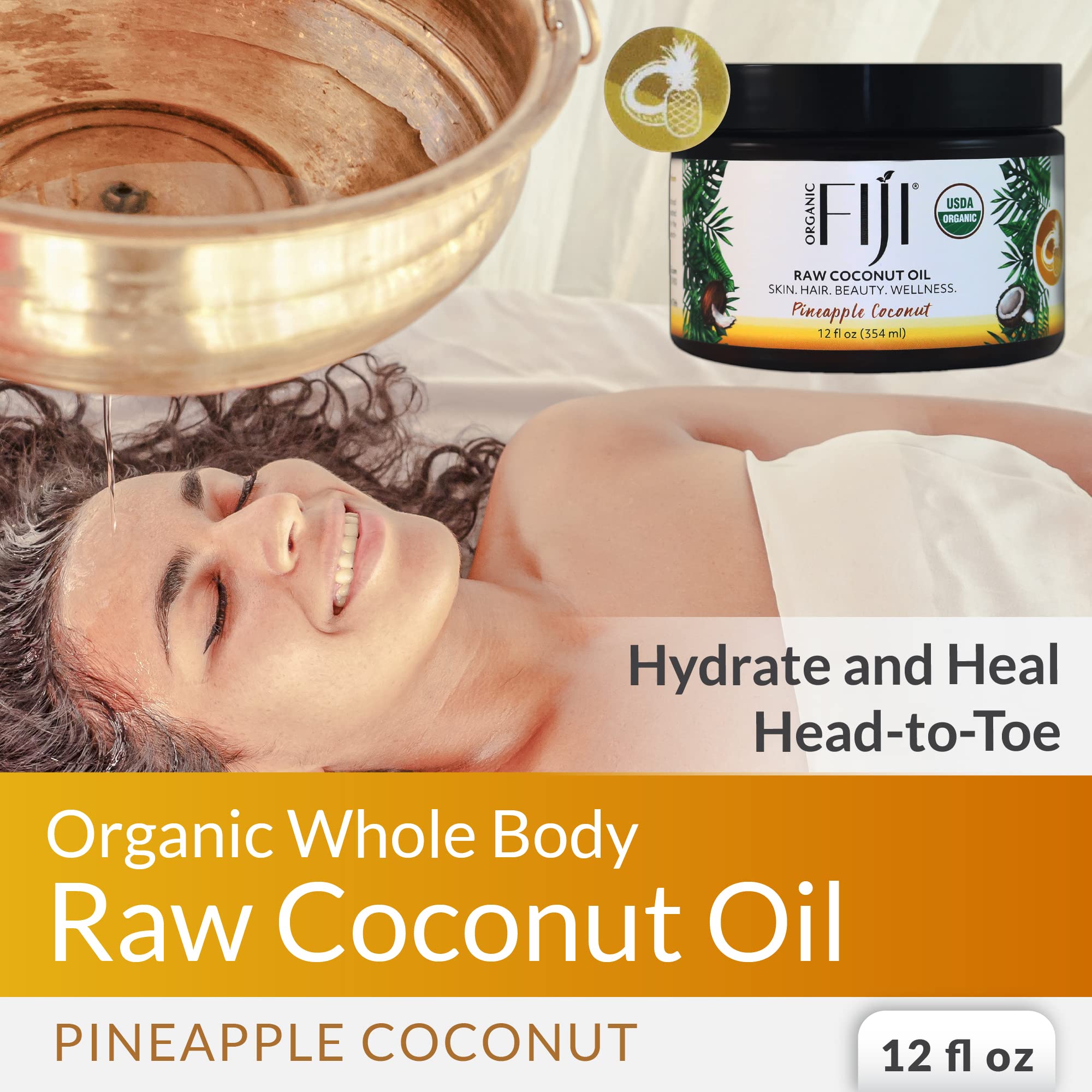 Organic Fiji Raw Cold Pressed Coconut Oil For Hair, Skin, Face & Body | Relaxing Massage Oil | Pineapple Coconut,12 Oz For Women
